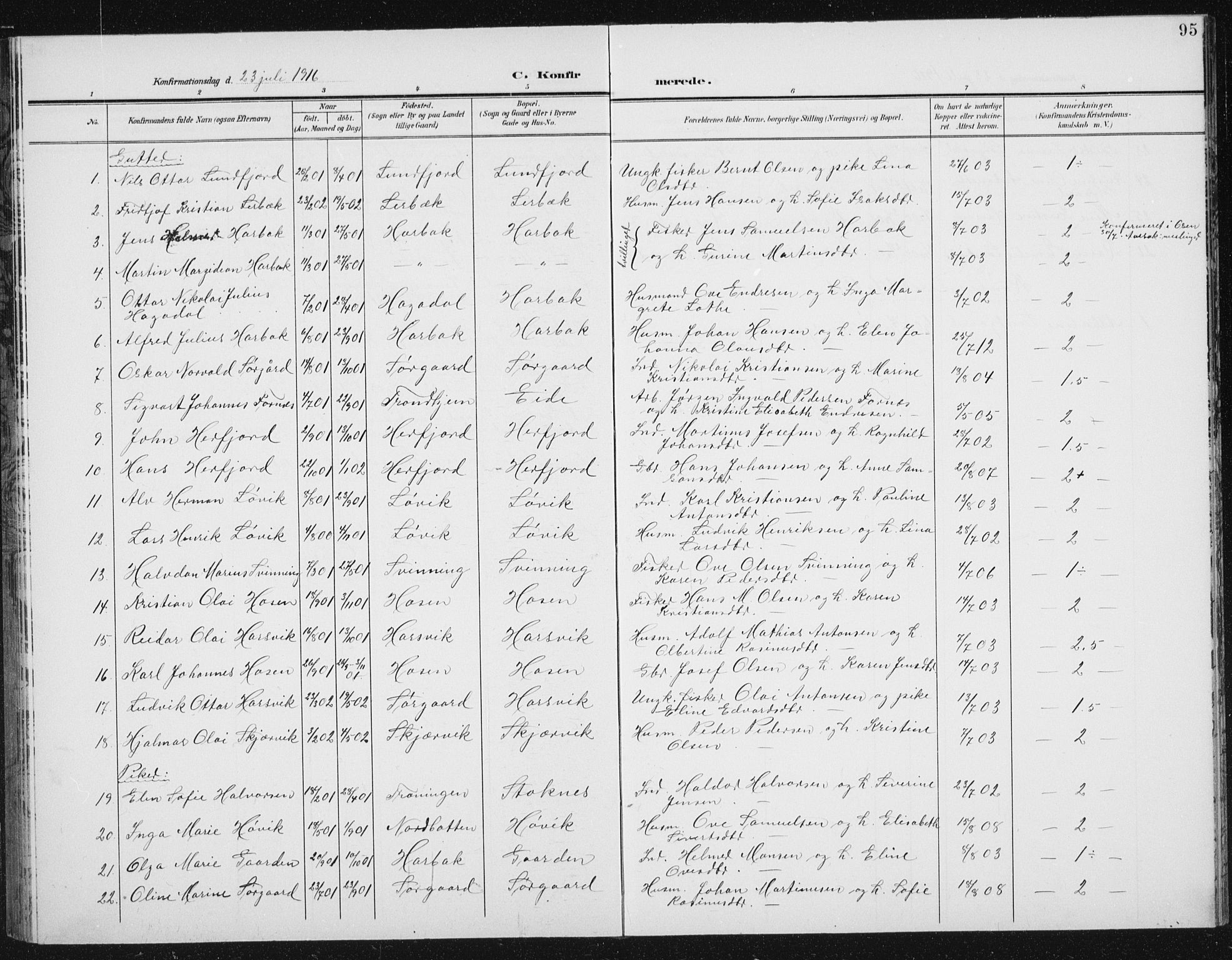 Ministerialprotokoller, klokkerbøker og fødselsregistre - Sør-Trøndelag, SAT/A-1456/656/L0699: Parish register (copy) no. 656C05, 1905-1920, p. 95