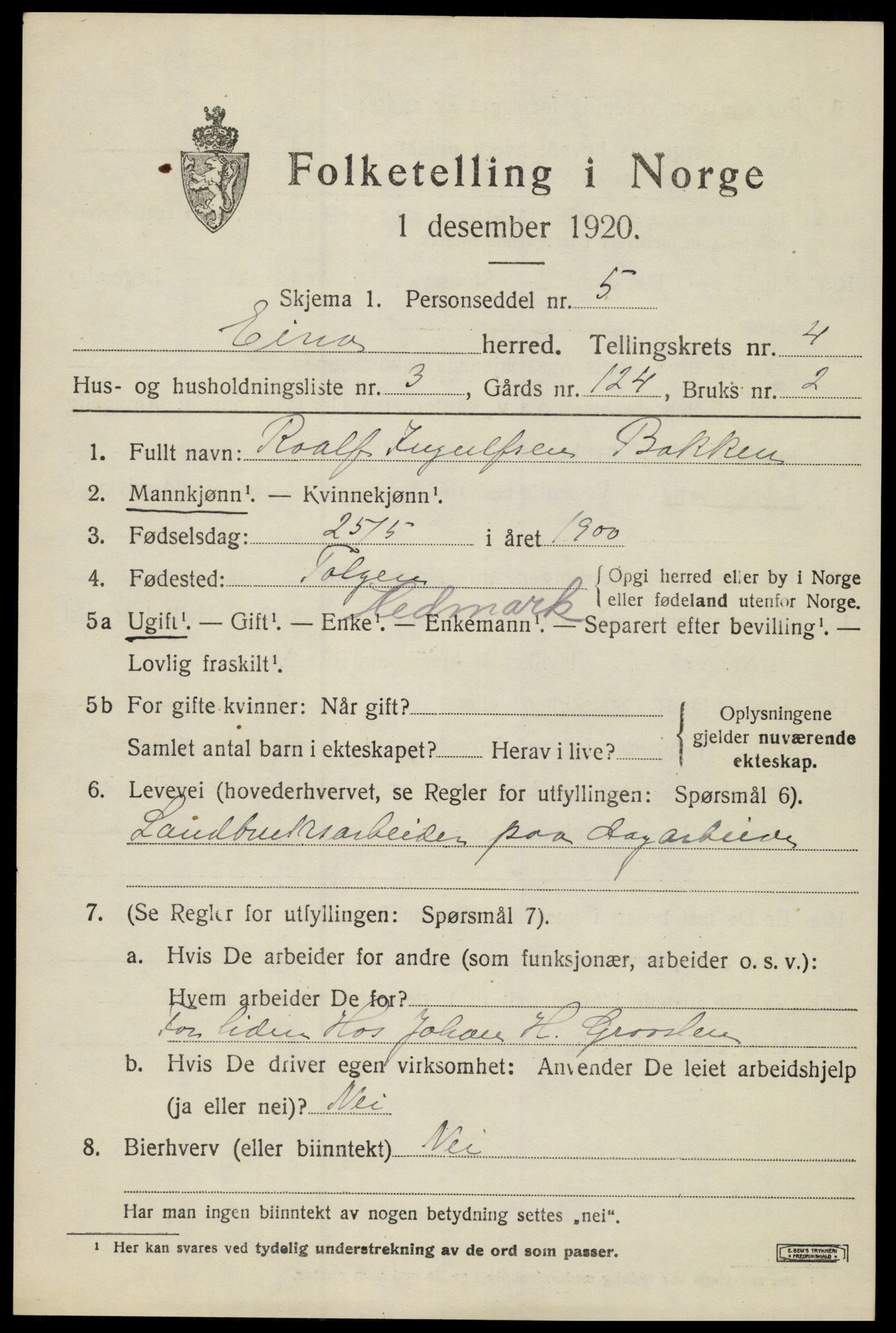 SAH, 1920 census for Eina, 1920, p. 2930