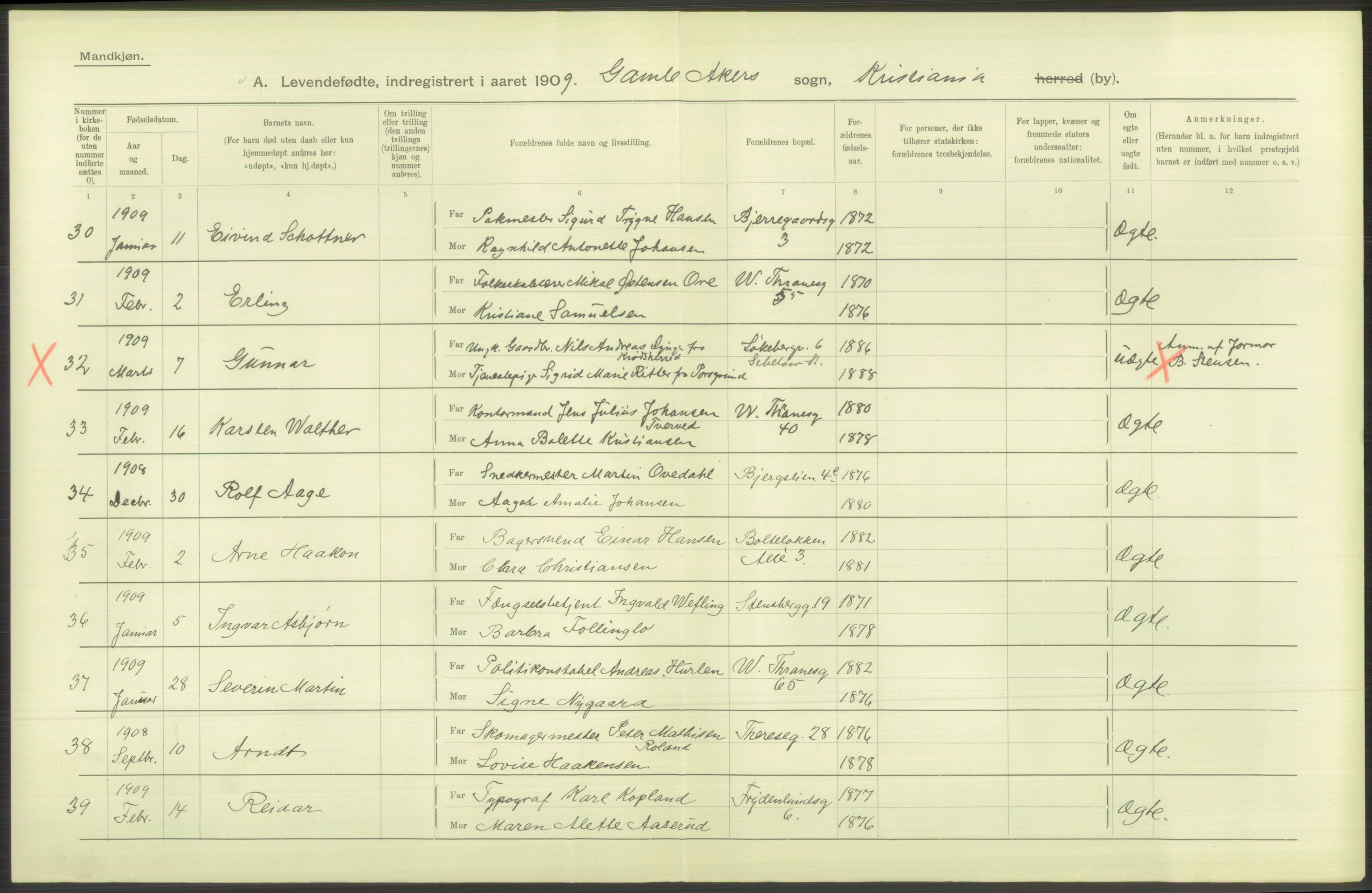 Statistisk sentralbyrå, Sosiodemografiske emner, Befolkning, RA/S-2228/D/Df/Dfa/Dfag/L0007: Kristiania: Levendefødte menn og kvinner., 1909, p. 388