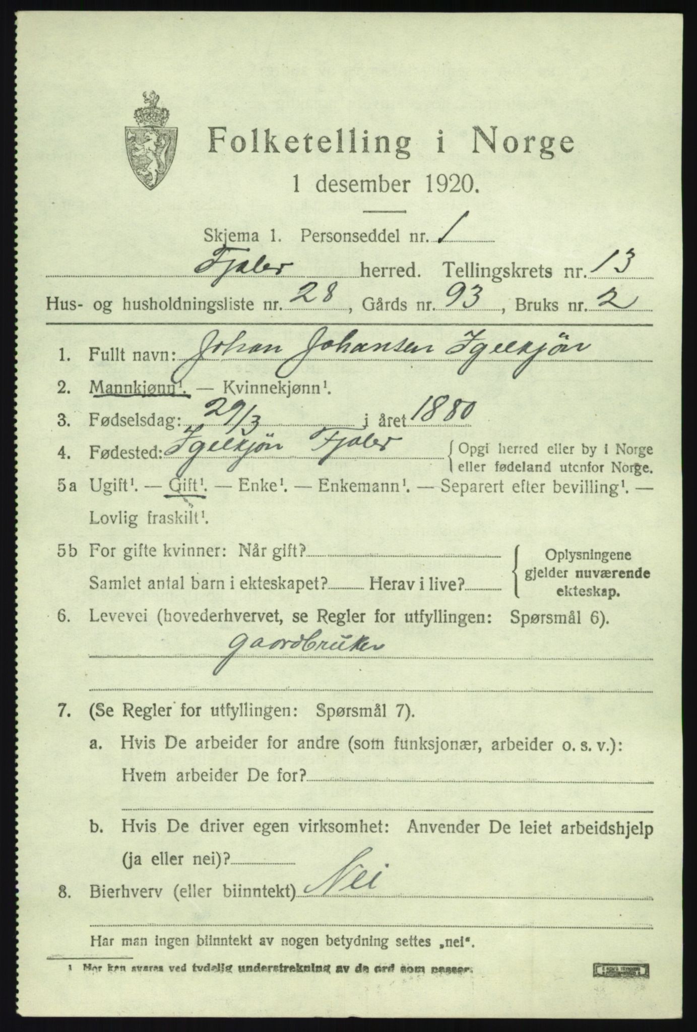SAB, 1920 census for Fjaler, 1920, p. 7525