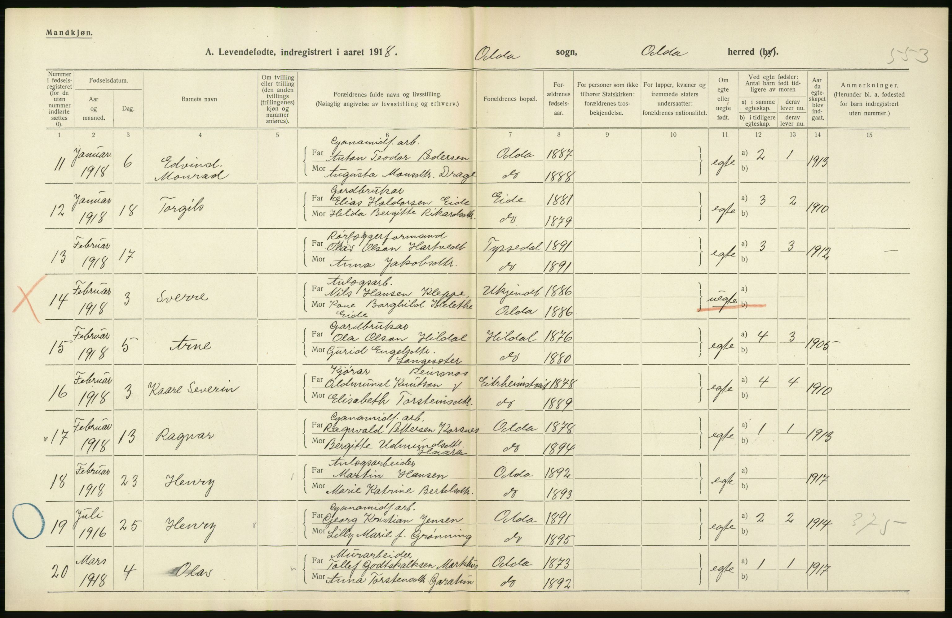 Statistisk sentralbyrå, Sosiodemografiske emner, Befolkning, AV/RA-S-2228/D/Df/Dfb/Dfbh/L0035: Hordaland fylke: Levendefødte menn og kvinner, gifte, dødfødte. Bygder., 1918, p. 140