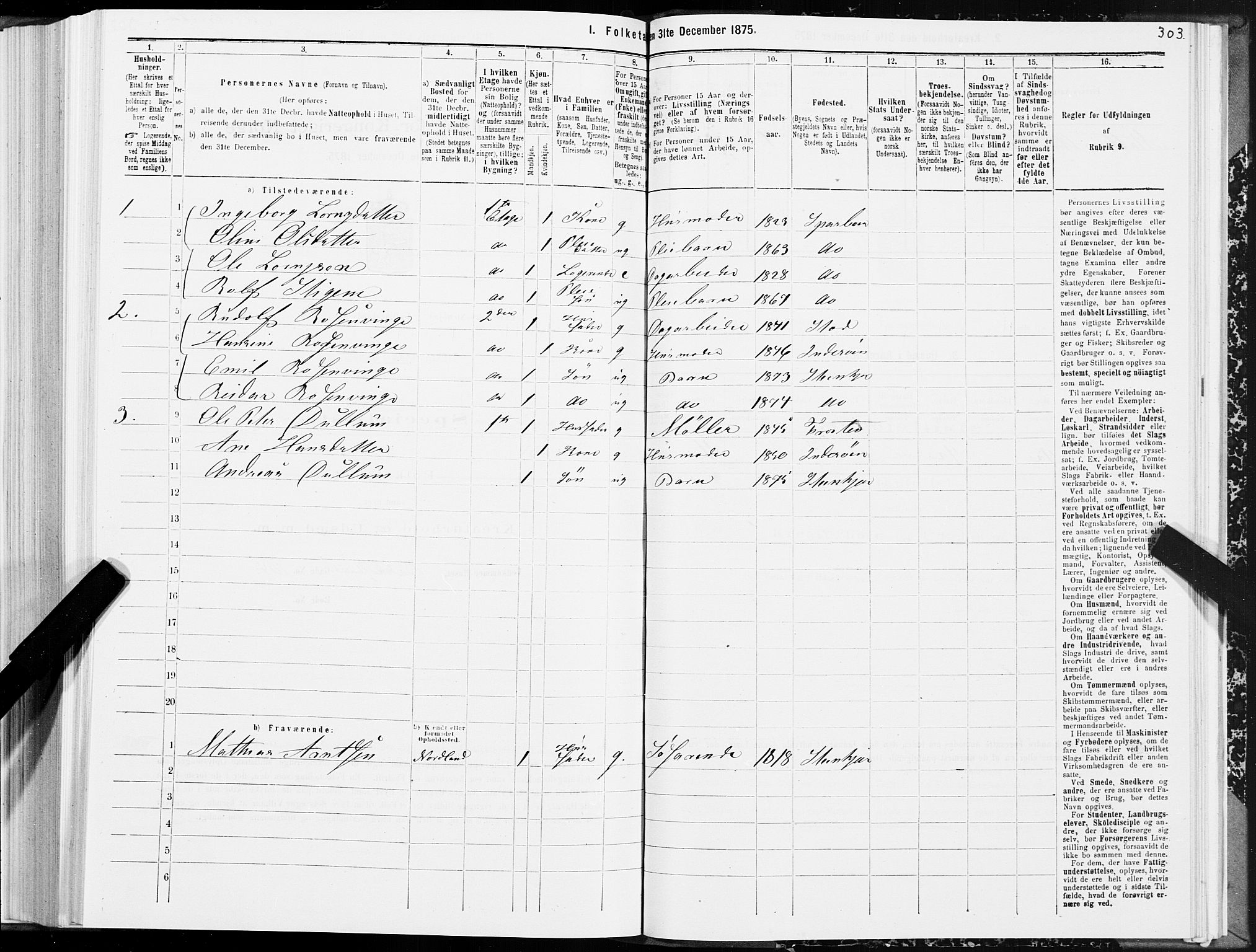 SAT, 1875 census for 1702B Steinkjer/Steinkjer, 1875, p. 303