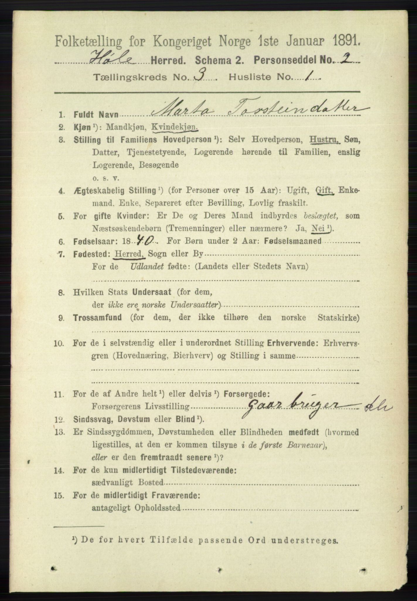 RA, 1891 census for 1128 Høle, 1891, p. 650