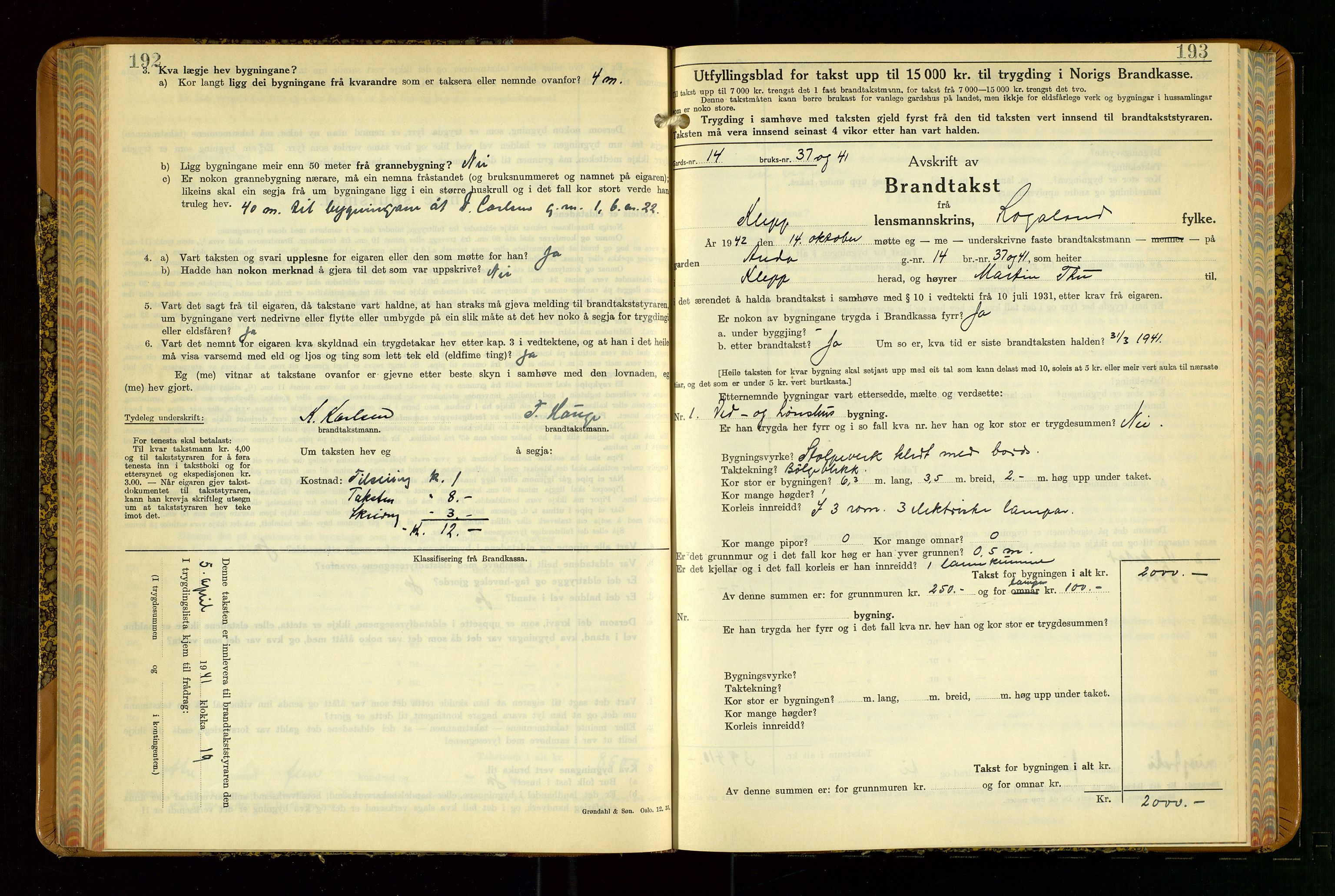 Klepp lensmannskontor, SAST/A-100163/Goc/L0015: "Branntakstbok" m/register, 1939-1947, p. 192-193