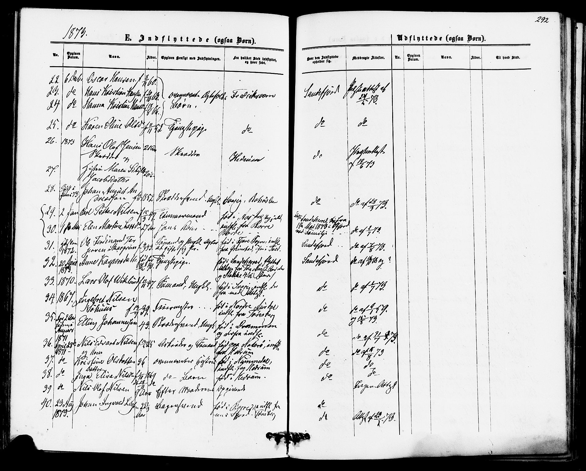 Sandefjord kirkebøker, AV/SAKO-A-315/F/Fa/L0001: Parish register (official) no. 1, 1873-1879, p. 292