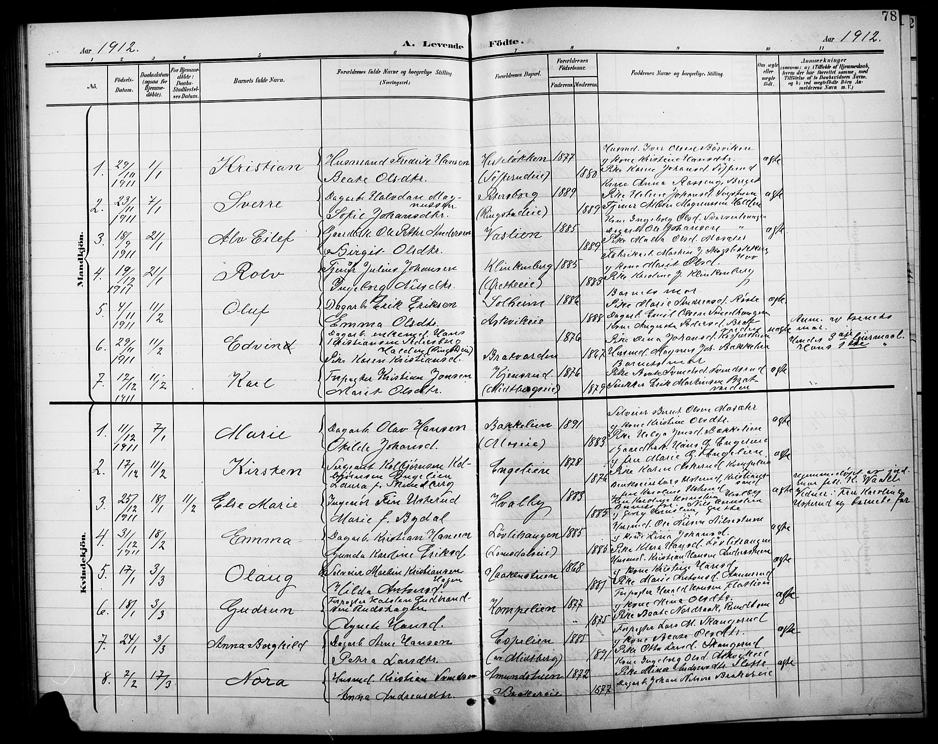 Søndre Land prestekontor, SAH/PREST-122/L/L0004: Parish register (copy) no. 4, 1901-1915, p. 78