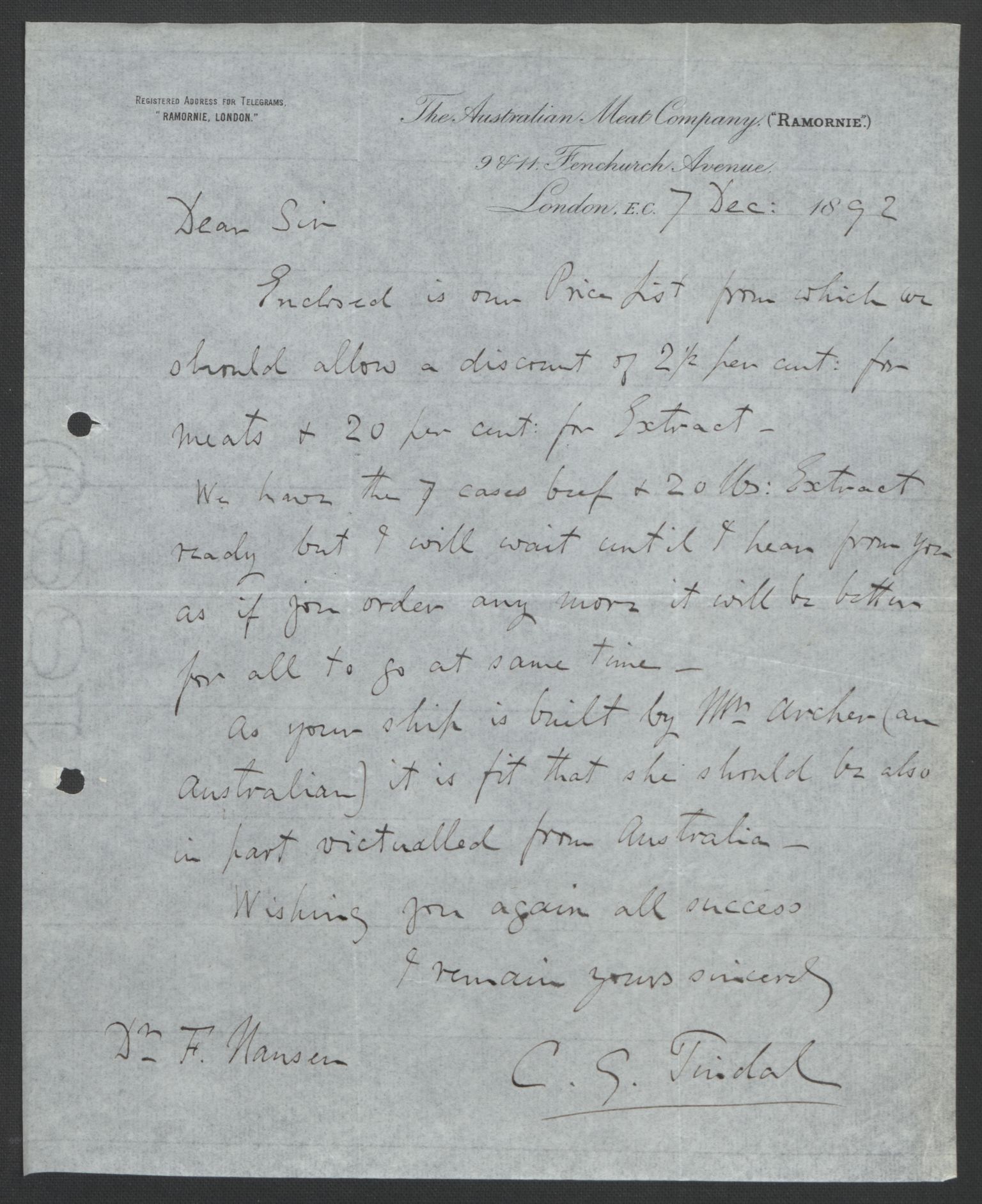 Arbeidskomitéen for Fridtjof Nansens polarekspedisjon, AV/RA-PA-0061/D/L0004: Innk. brev og telegrammer vedr. proviant og utrustning, 1892-1893, p. 418