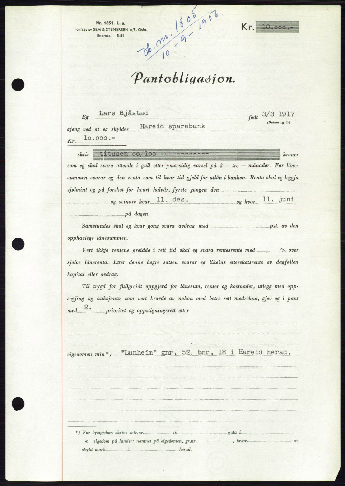 Søre Sunnmøre sorenskriveri, SAT/A-4122/1/2/2C/L0128: Mortgage book no. 16B, 1956-1956, Diary no: : 1805/1956