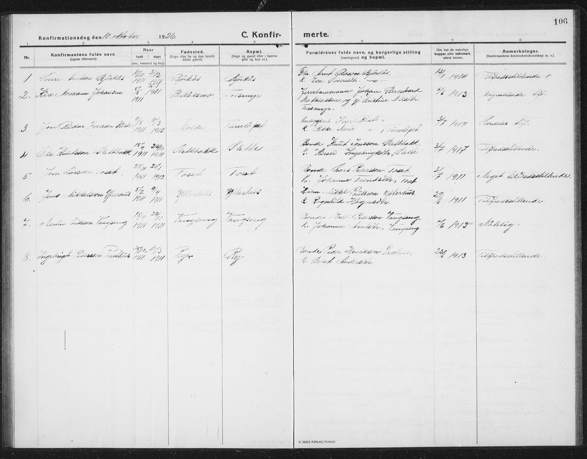 Ministerialprotokoller, klokkerbøker og fødselsregistre - Sør-Trøndelag, AV/SAT-A-1456/675/L0888: Parish register (copy) no. 675C01, 1913-1935, p. 106