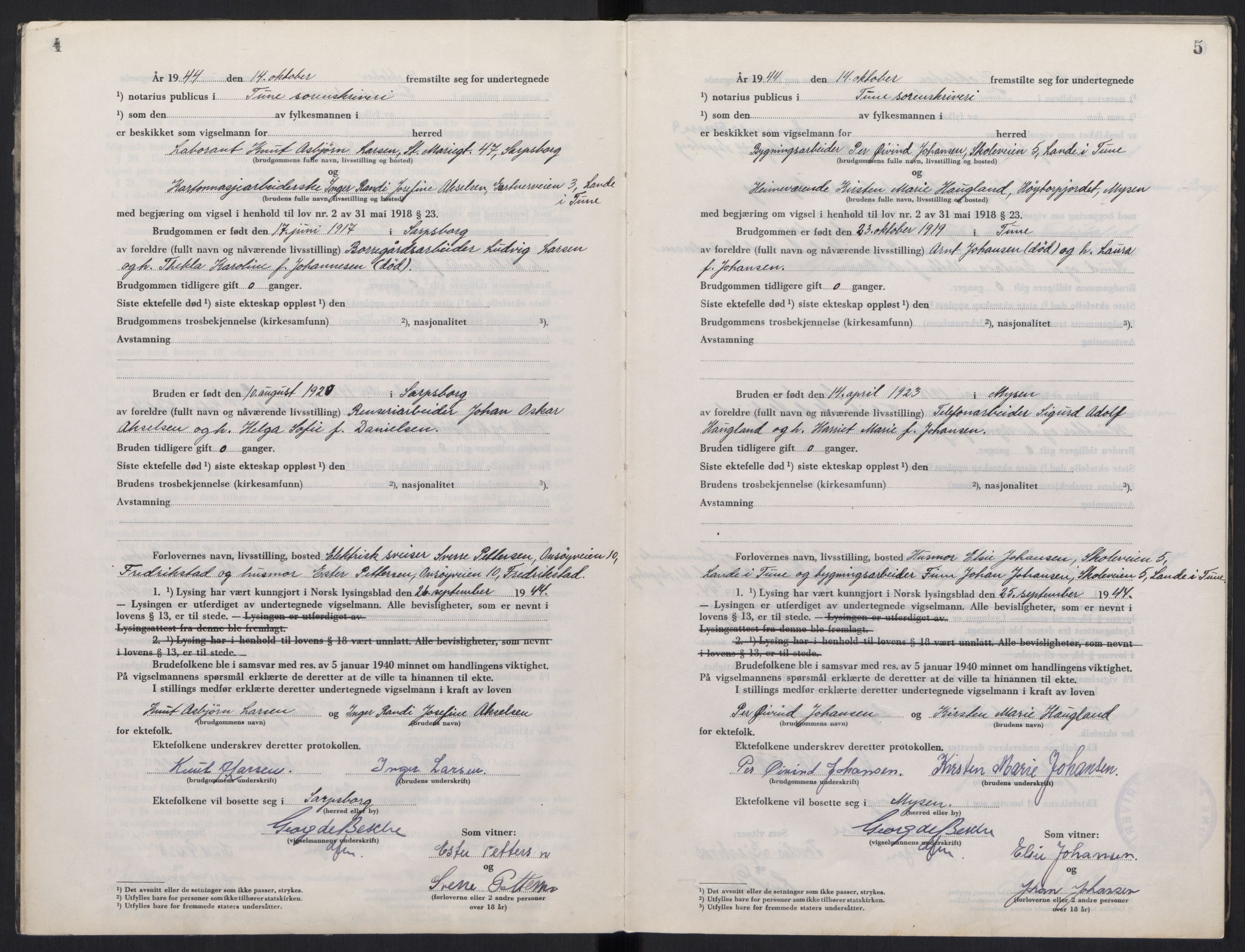 Tune sorenskriveri, AV/SAO-A-10470/L/Lb/L0003: Vigselprotokoll, 1944-1951, p. 4-5