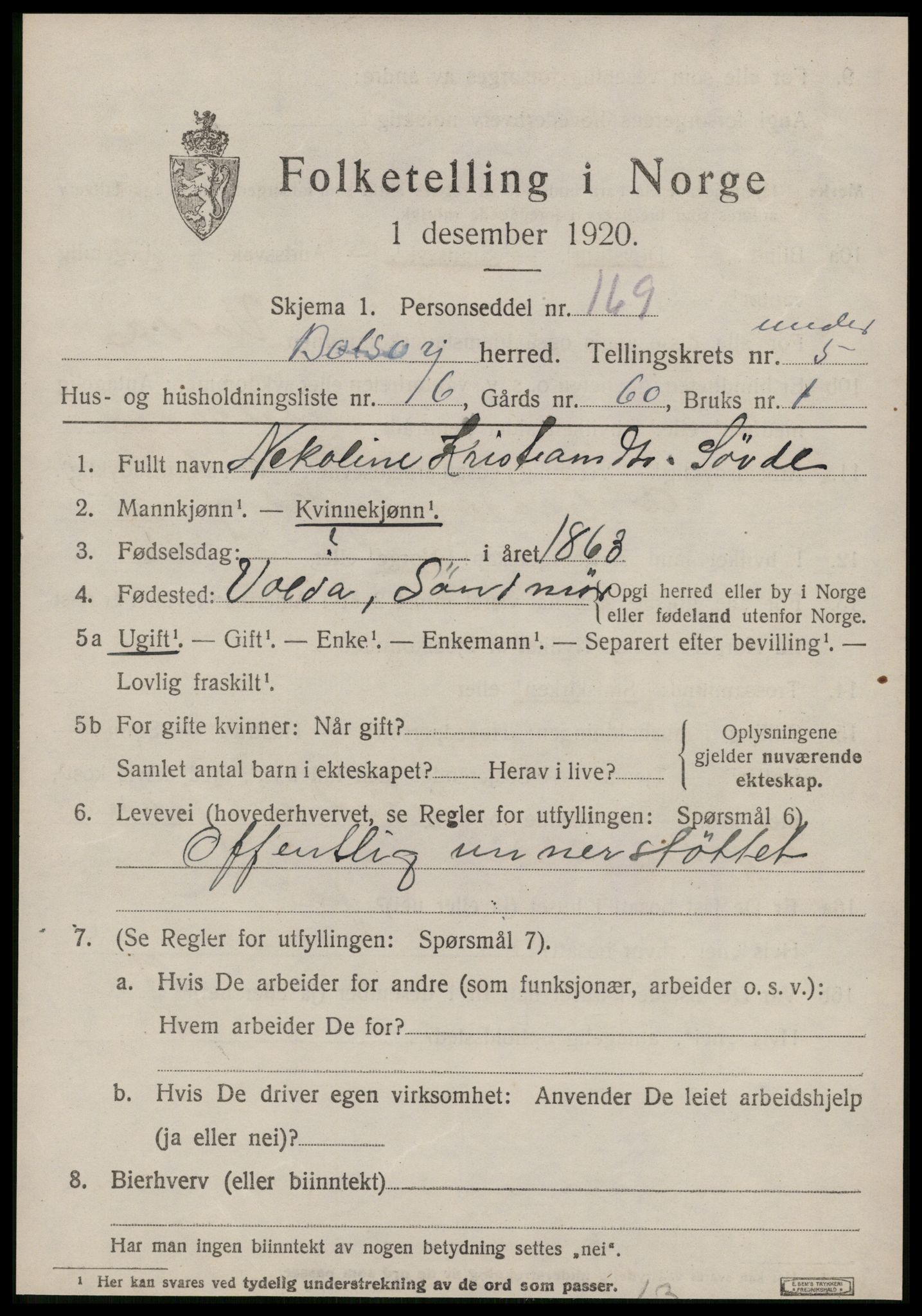 SAT, 1920 census for Bolsøy, 1920, p. 7537