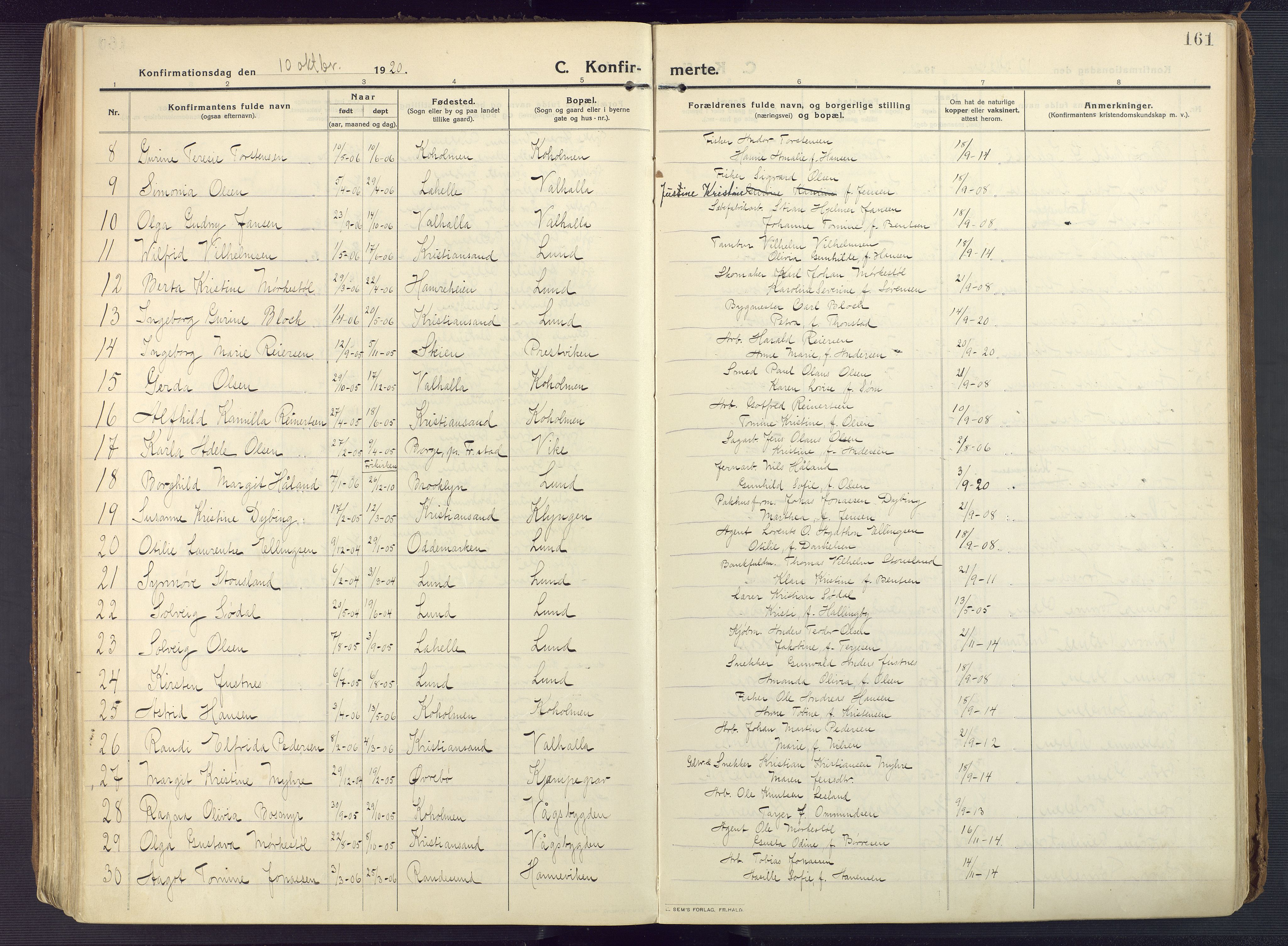 Oddernes sokneprestkontor, AV/SAK-1111-0033/F/Fa/Faa/L0012: Parish register (official) no. A 12, 1912-1925, p. 161