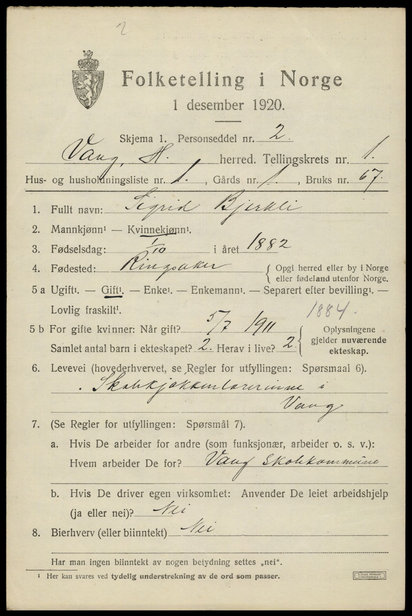 SAH, 1920 census for Vang (Hedmark), 1920, p. 2785