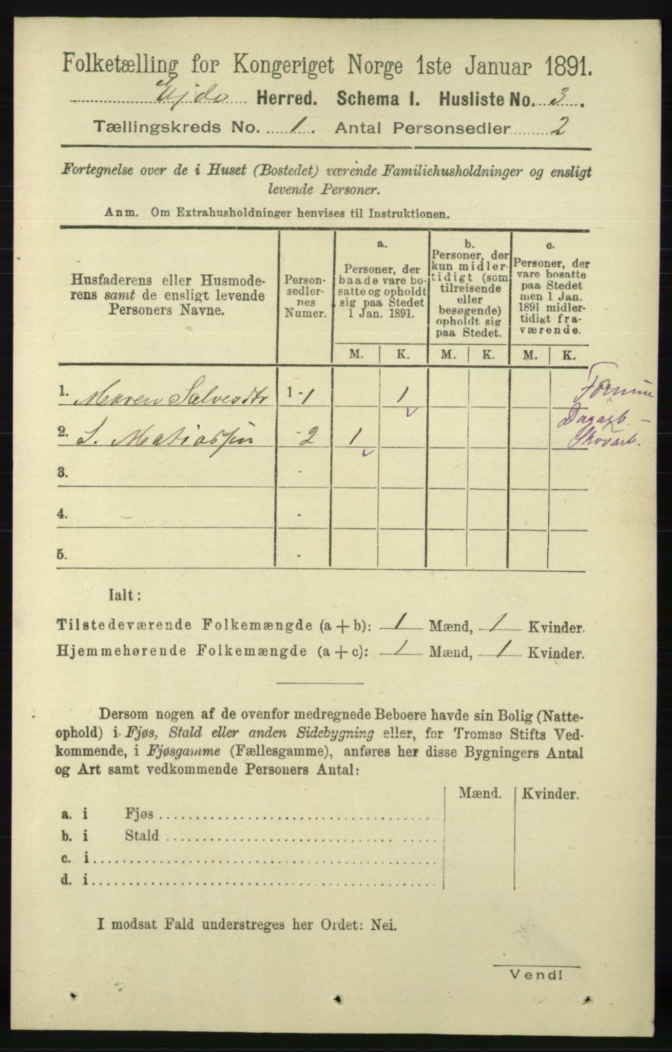 RA, 1891 census for 0925 Eide, 1891, p. 15