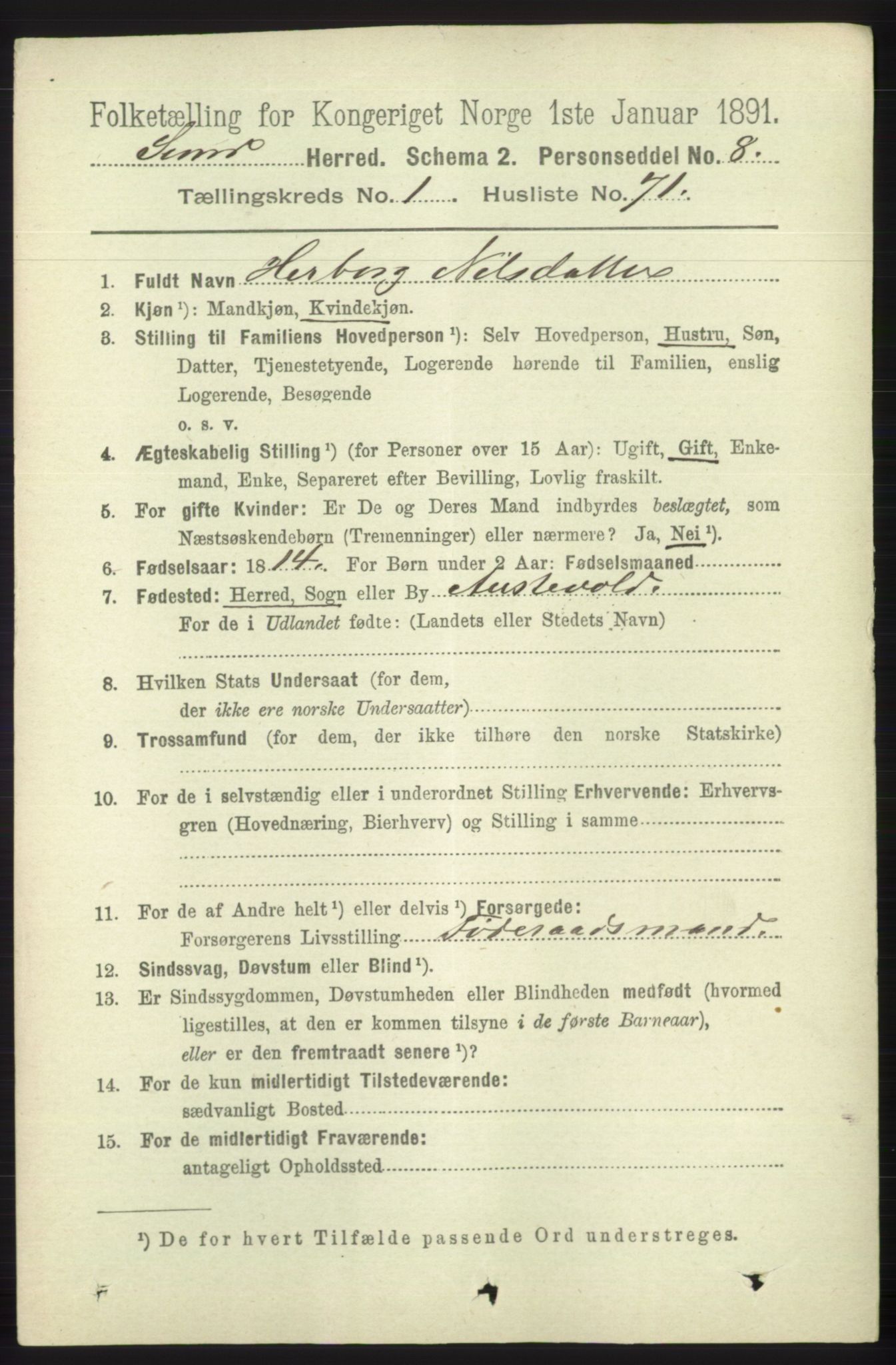 RA, 1891 census for 1245 Sund, 1891, p. 505