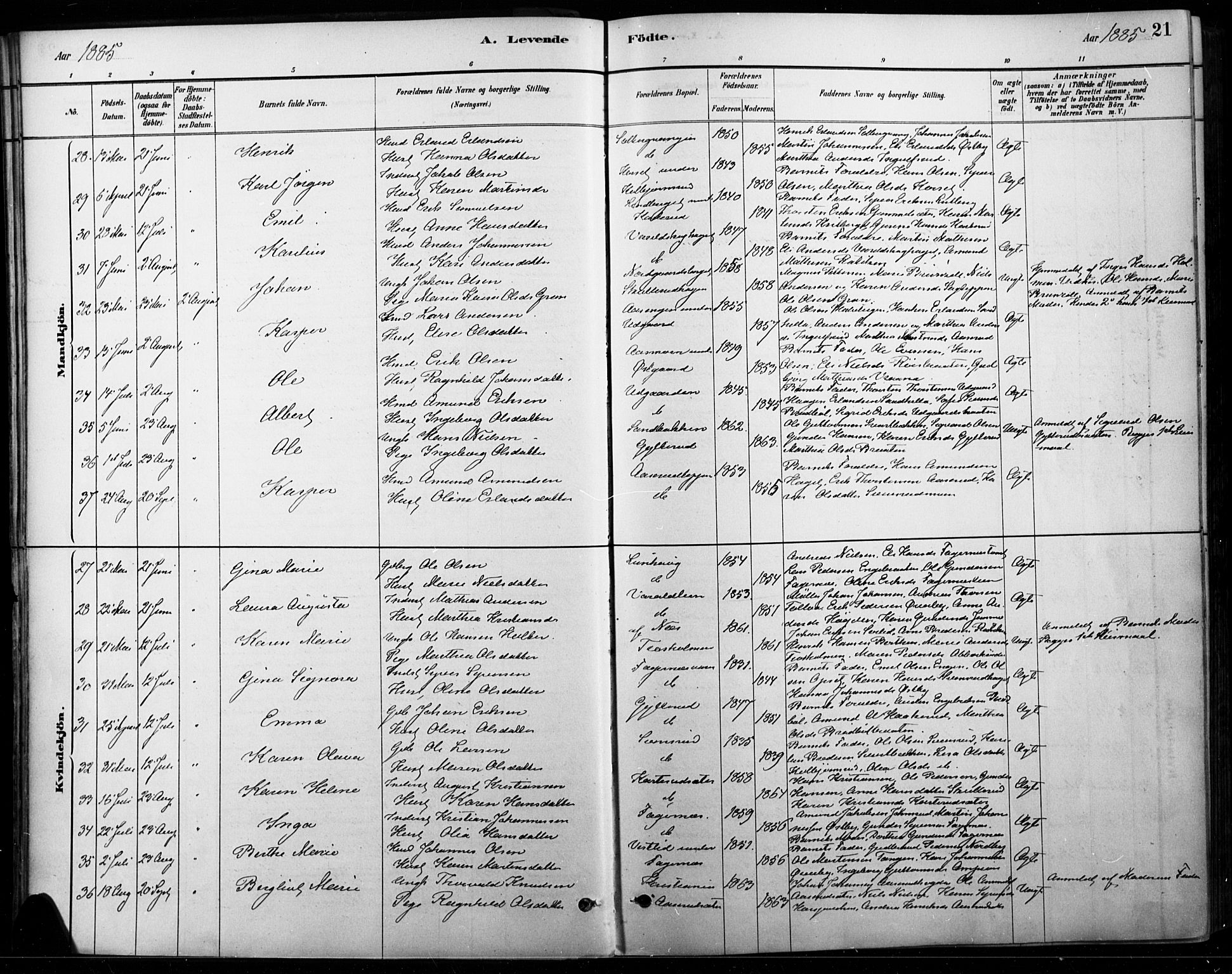 Vinger prestekontor, AV/SAH-PREST-024/H/Ha/Haa/L0015: Parish register (official) no. 15, 1881-1900, p. 21