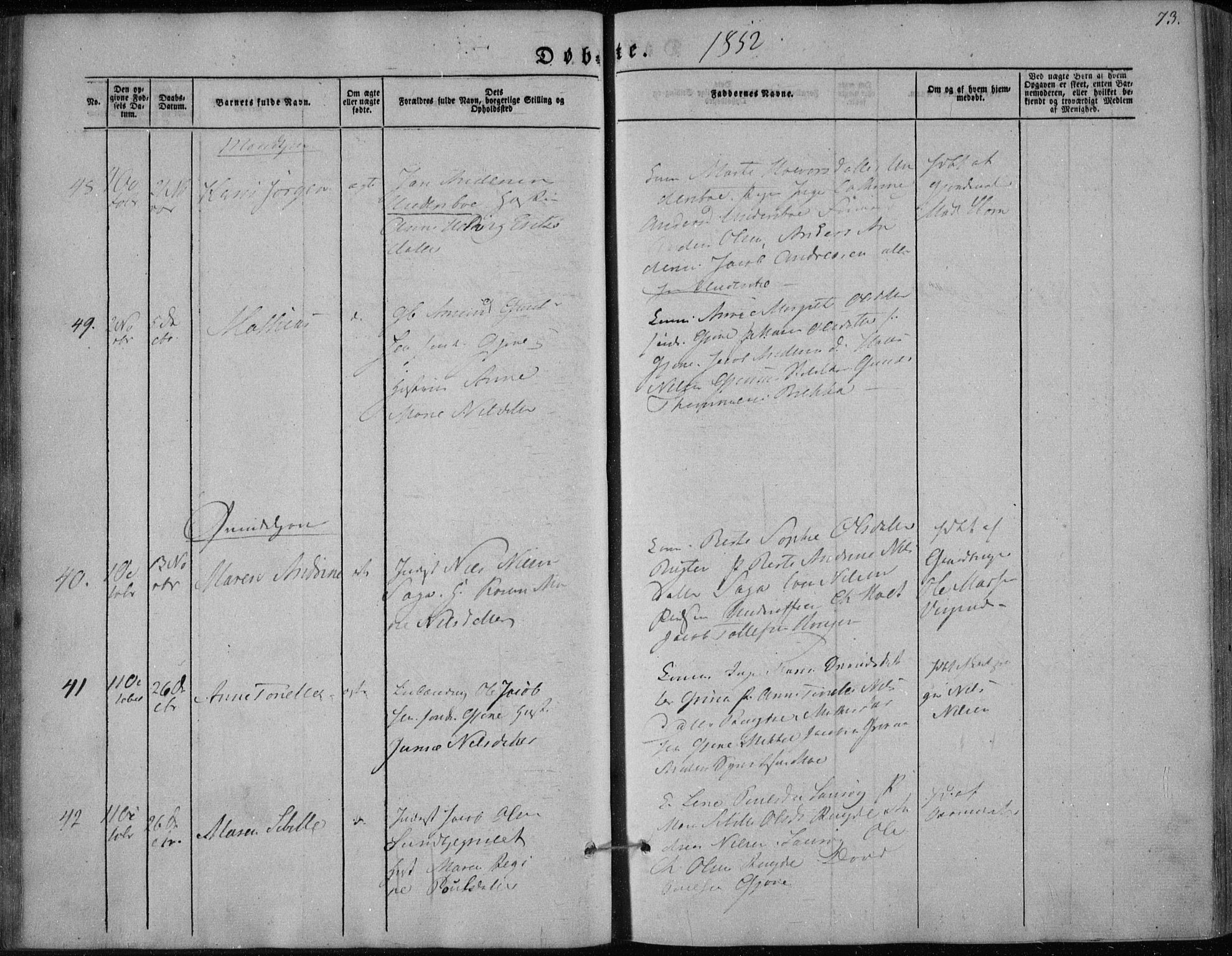 Hedrum kirkebøker, AV/SAKO-A-344/F/Fa/L0006: Parish register (official) no. I 6, 1849-1857, p. 73