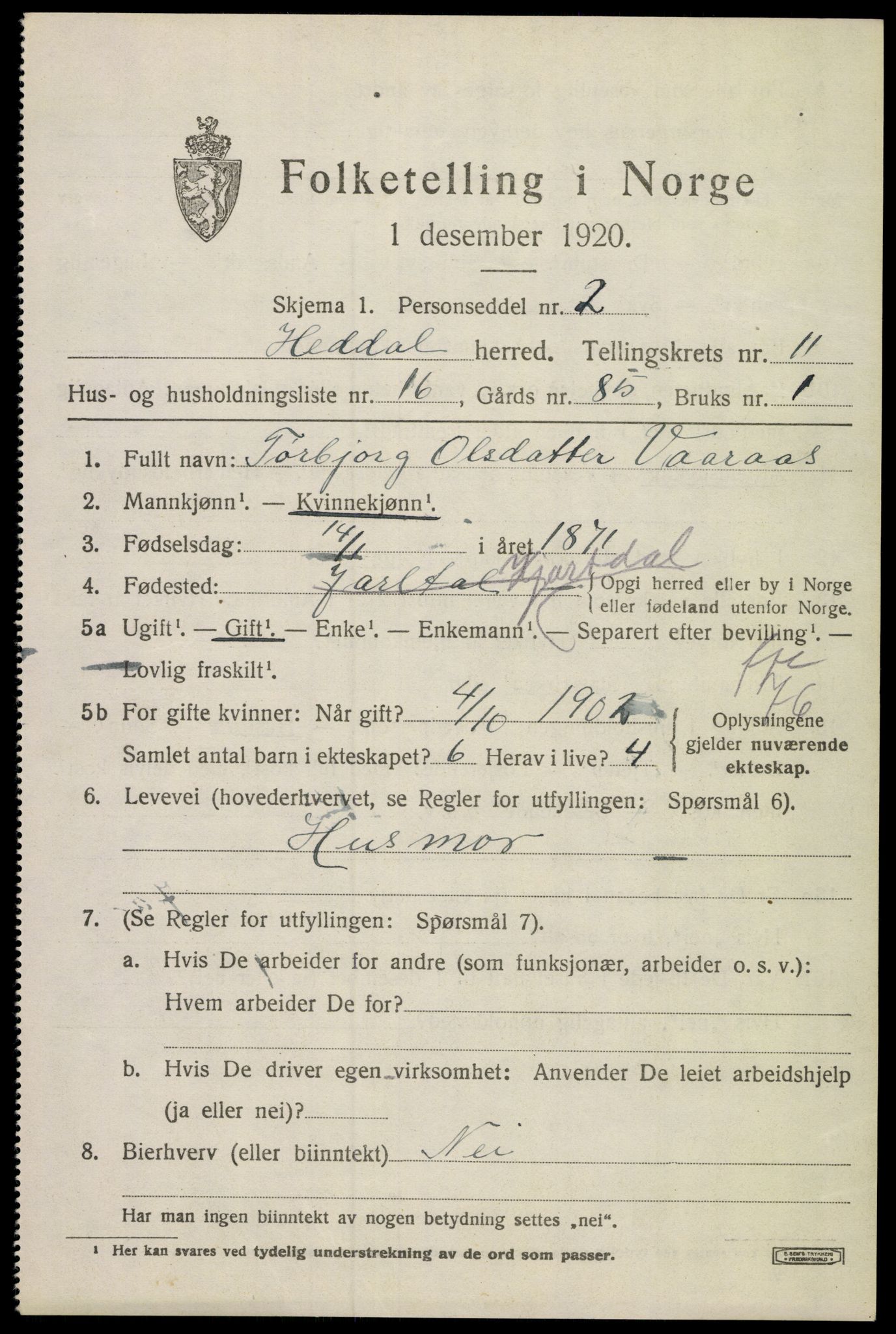 SAKO, 1920 census for Heddal, 1920, p. 7918