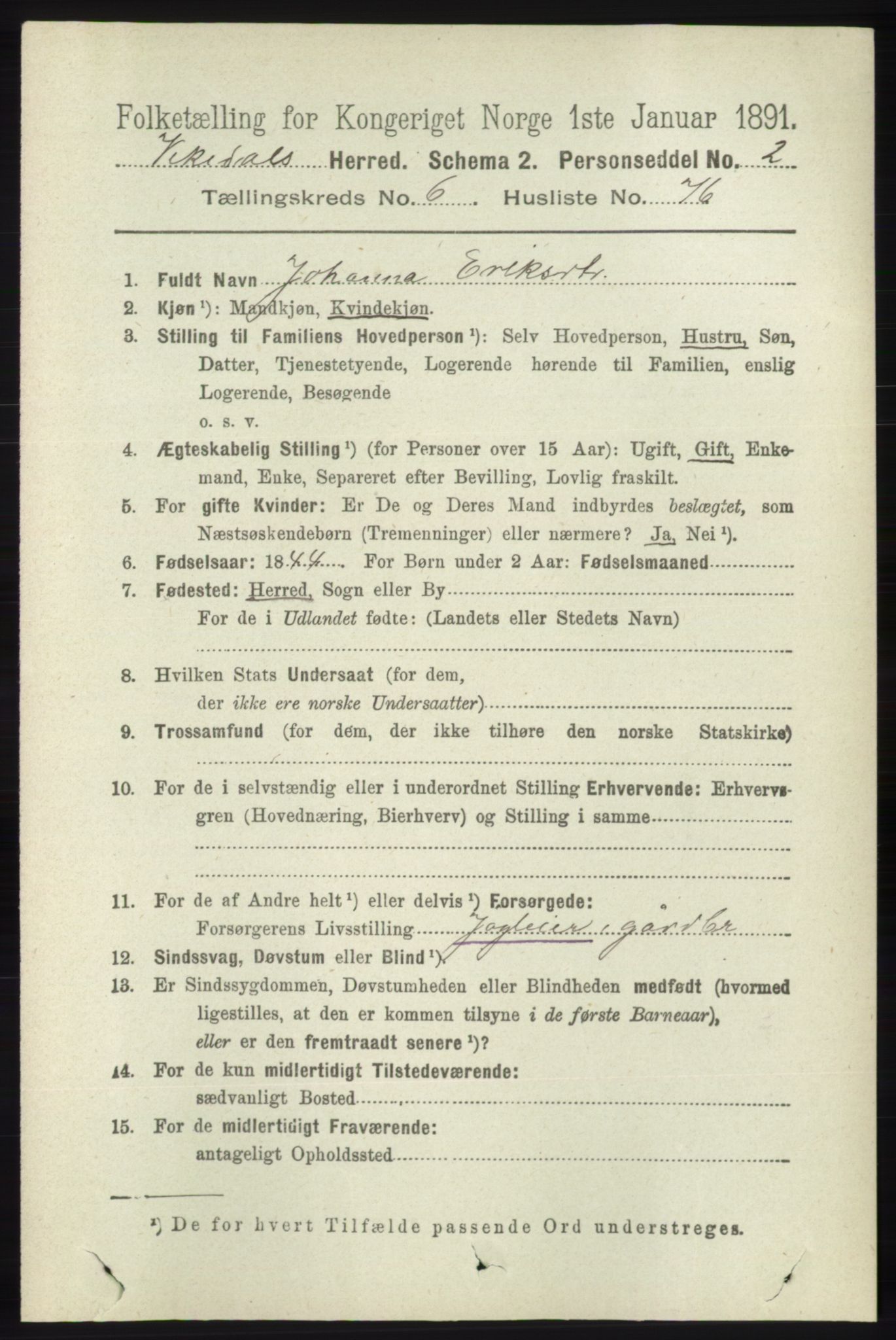 RA, 1891 census for 1157 Vikedal, 1891, p. 1975