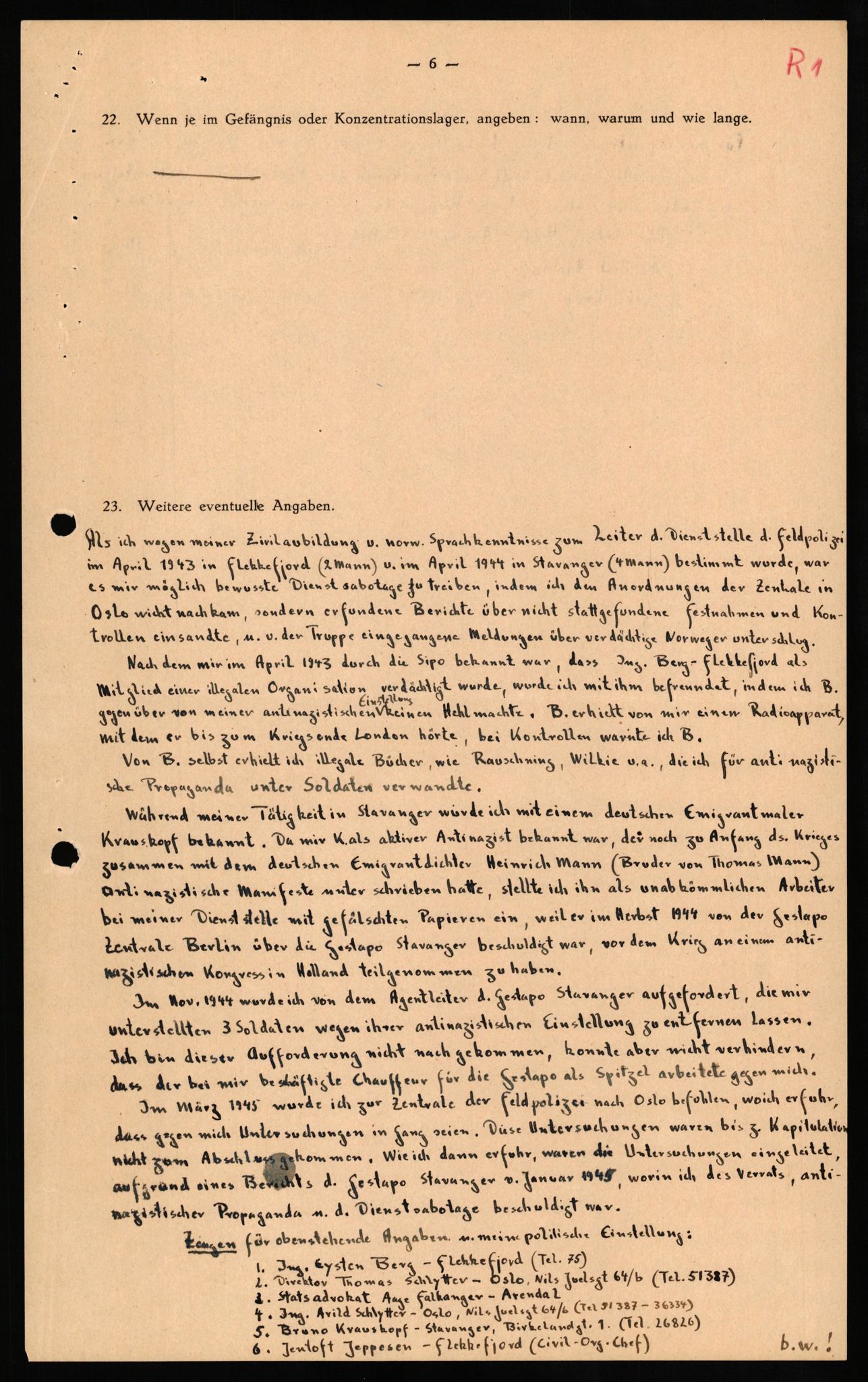 Forsvaret, Forsvarets overkommando II, AV/RA-RAFA-3915/D/Db/L0027: CI Questionaires. Tyske okkupasjonsstyrker i Norge. Tyskere., 1945-1946, p. 8