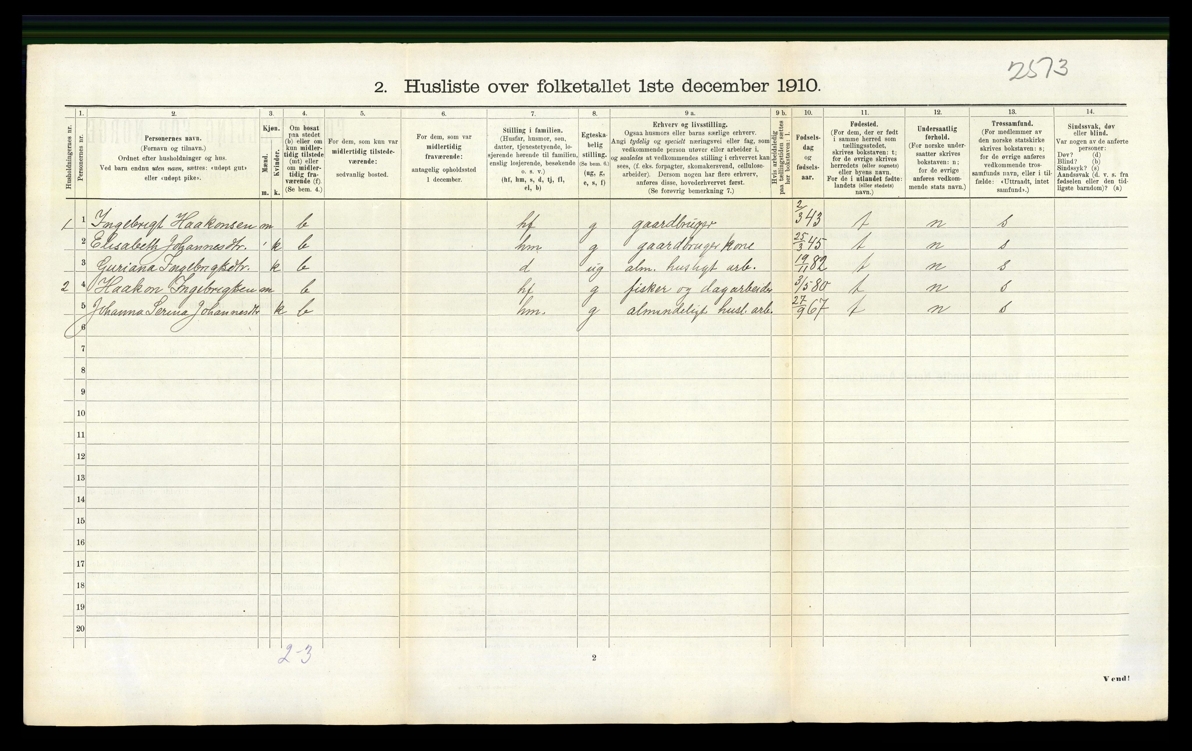 RA, 1910 census for Sveio, 1910, p. 311