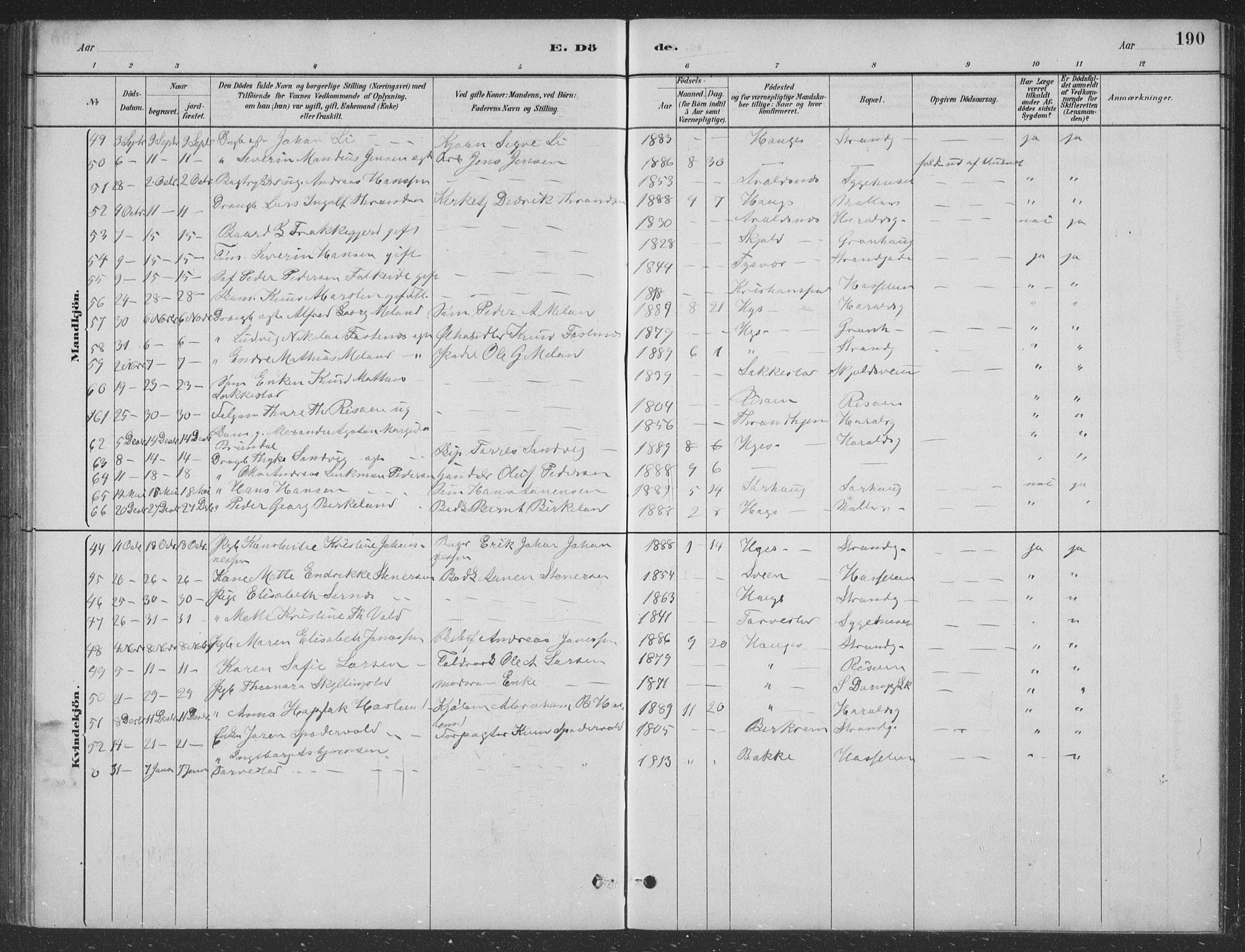 Haugesund sokneprestkontor, AV/SAST-A -101863/H/Ha/Hab/L0002: Parish register (copy) no. B 2, 1881-1894, p. 190