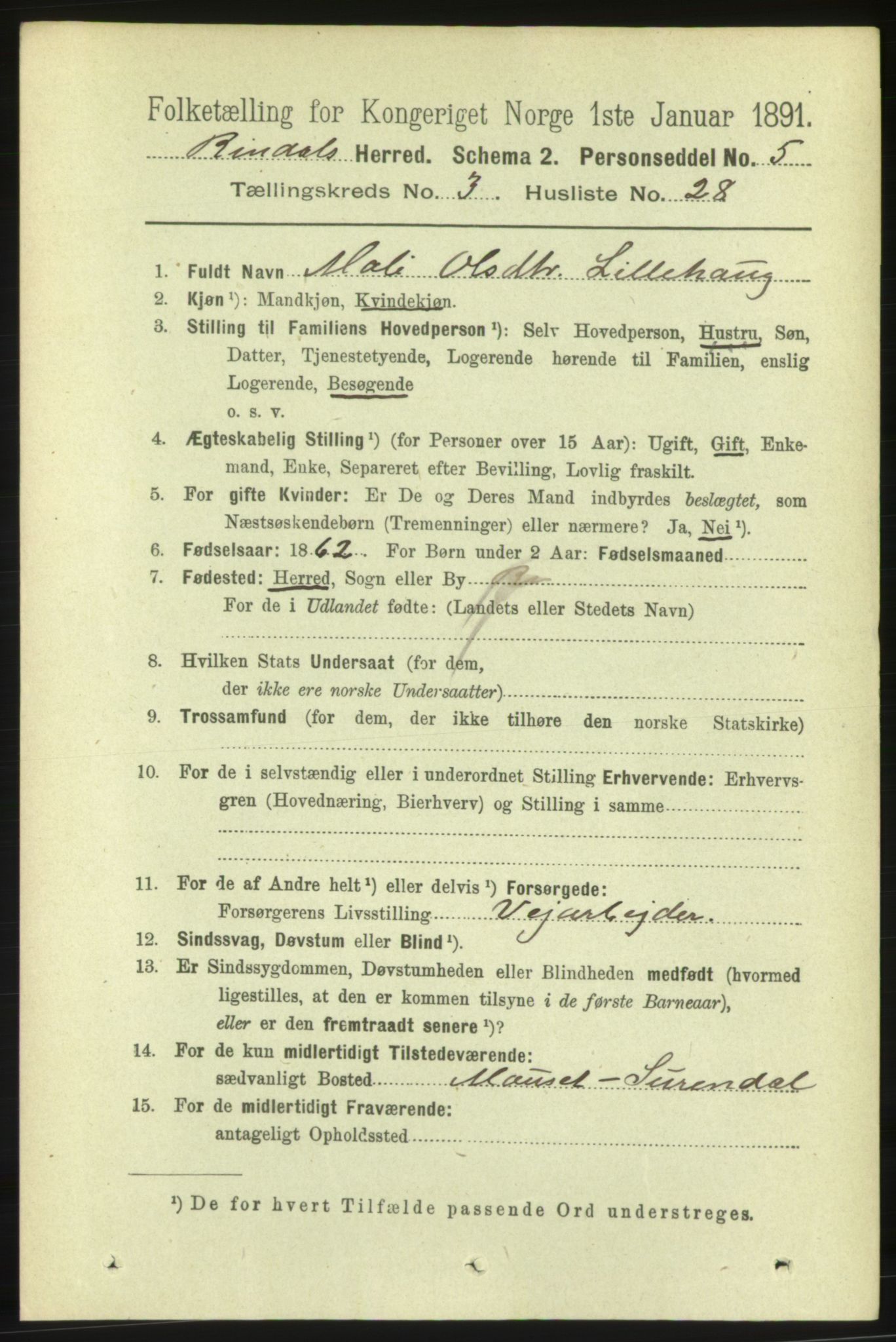 RA, 1891 census for 1567 Rindal, 1891, p. 891