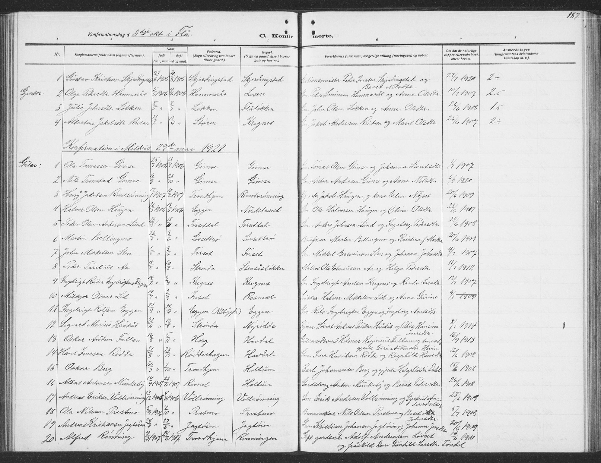 Ministerialprotokoller, klokkerbøker og fødselsregistre - Sør-Trøndelag, SAT/A-1456/691/L1095: Parish register (copy) no. 691C06, 1912-1933, p. 187