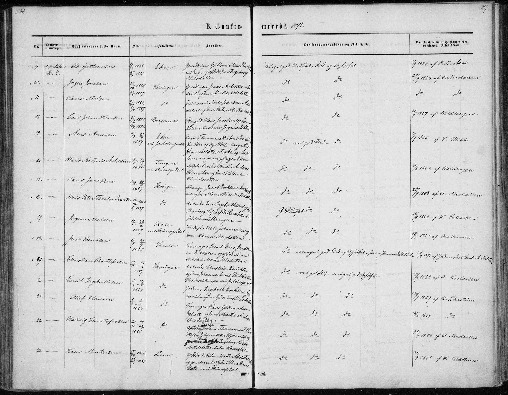 Skoger kirkebøker, SAKO/A-59/F/Fa/L0004: Parish register (official) no. I 4, 1862-1872, p. 386-387