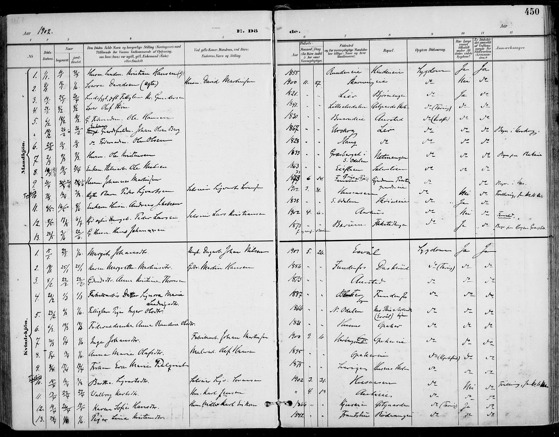 Nes prestekontor Kirkebøker, SAO/A-10410/F/Fa/L0011: Parish register (official) no. I 11, 1899-1918, p. 450