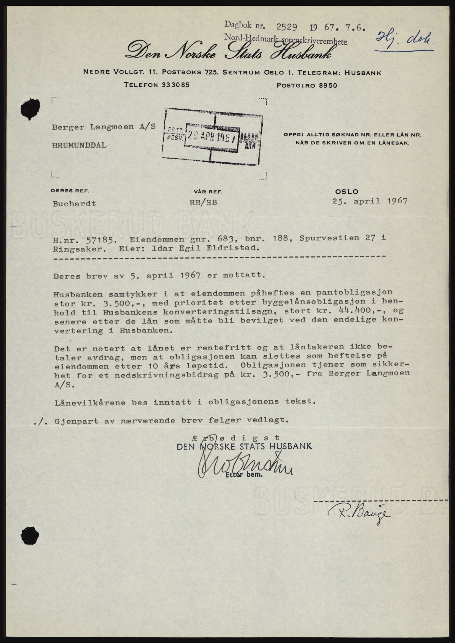 Nord-Hedmark sorenskriveri, SAH/TING-012/H/Hc/L0026: Mortgage book no. 26, 1967-1967, Diary no: : 2529/1967