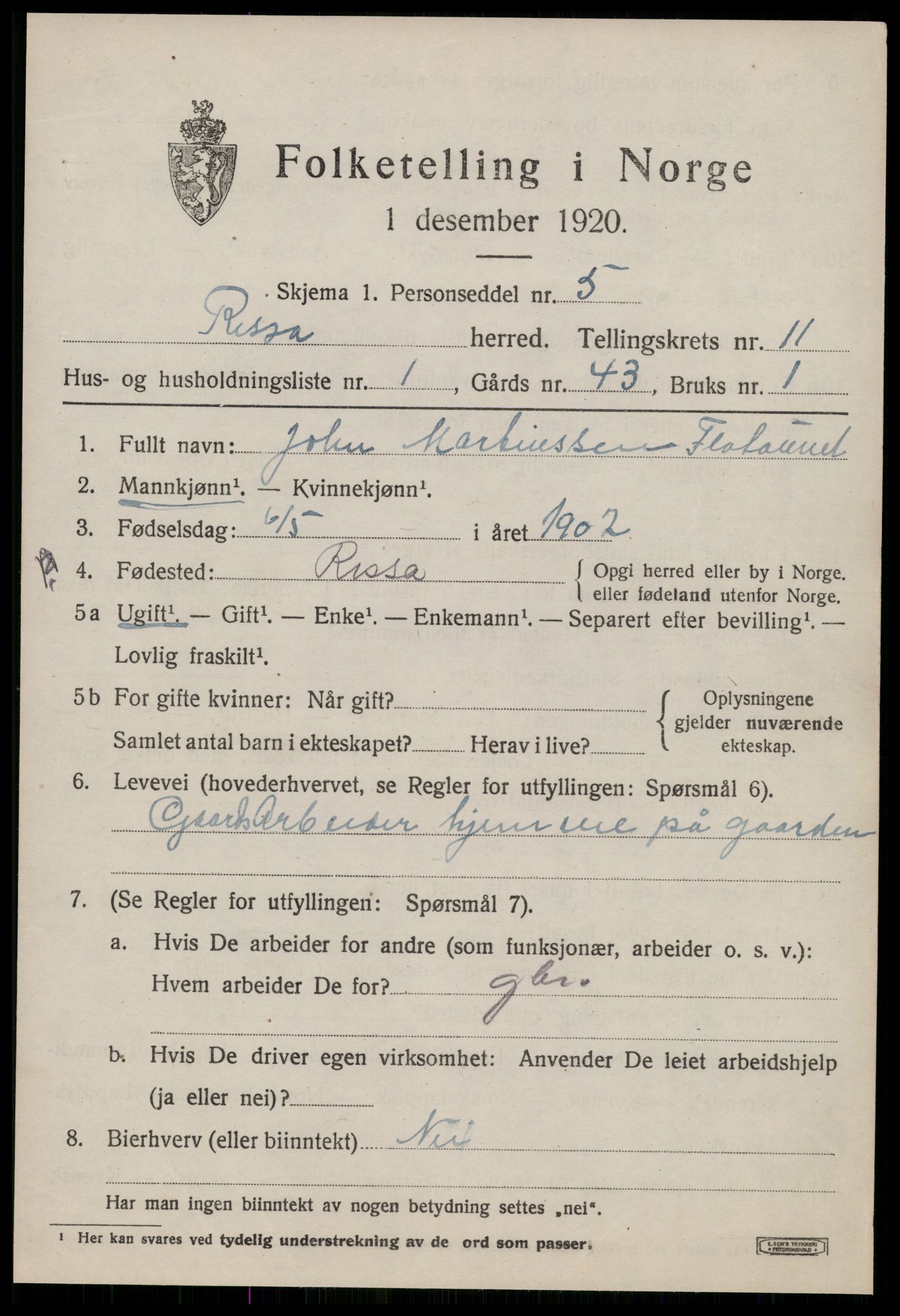 SAT, 1920 census for Rissa, 1920, p. 6985