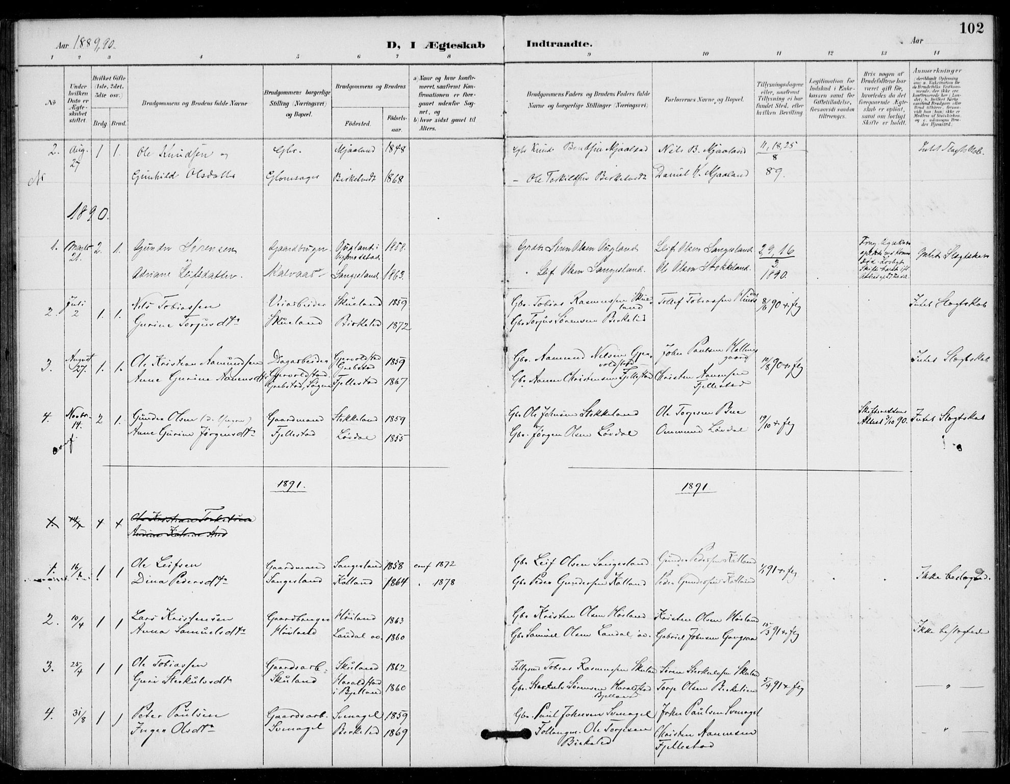 Holum sokneprestkontor, SAK/1111-0022/F/Fa/Fab/L0007: Parish register (official) no. A 7, 1887-1912, p. 102