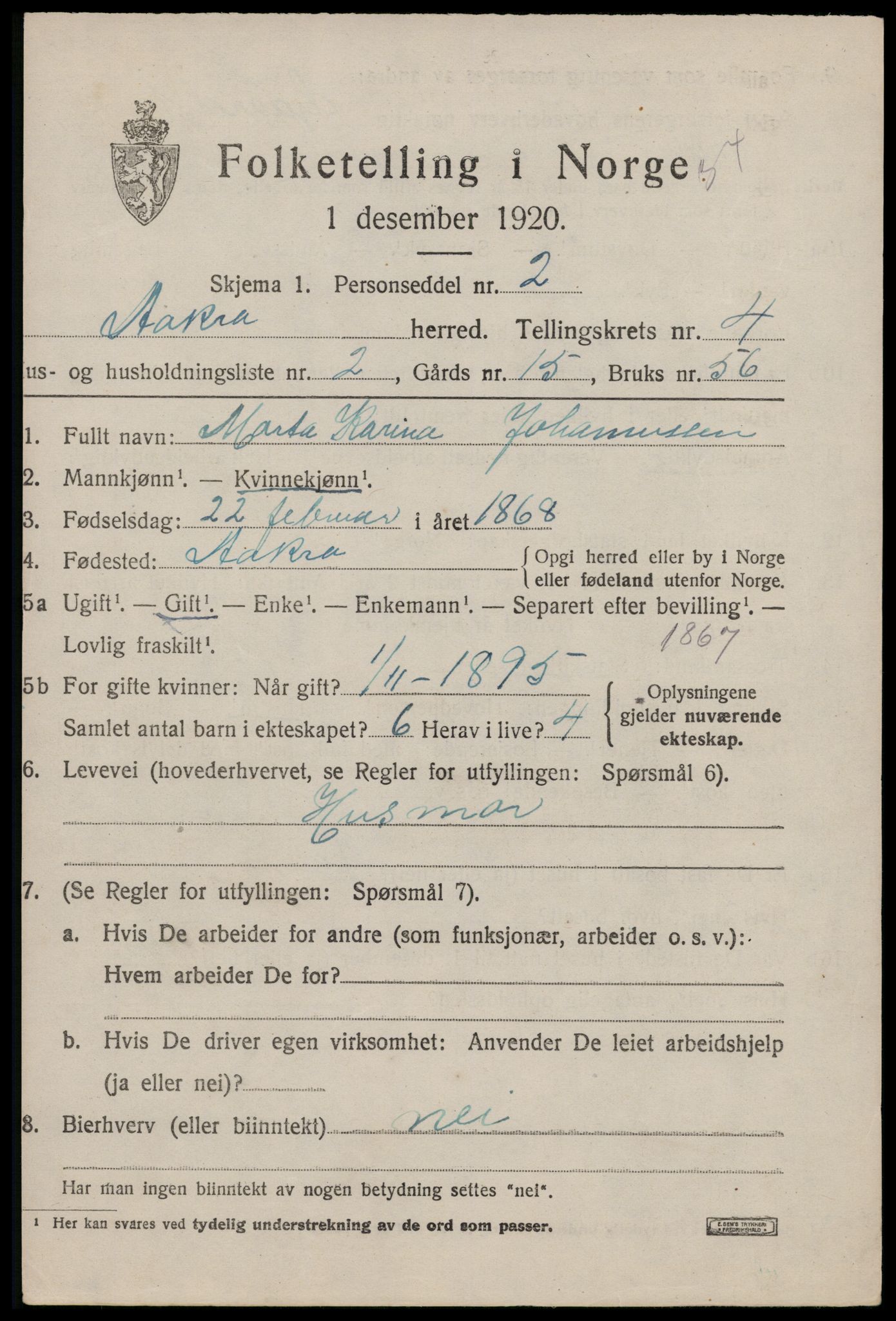 SAST, 1920 census for Åkra, 1920, p. 5890