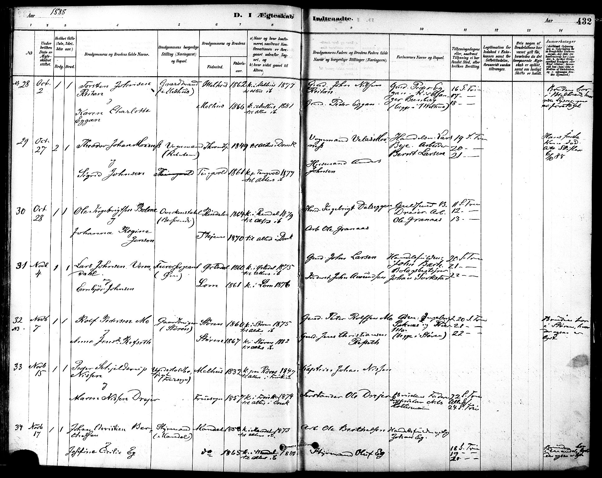 Ministerialprotokoller, klokkerbøker og fødselsregistre - Sør-Trøndelag, SAT/A-1456/601/L0058: Parish register (official) no. 601A26, 1877-1891, p. 432