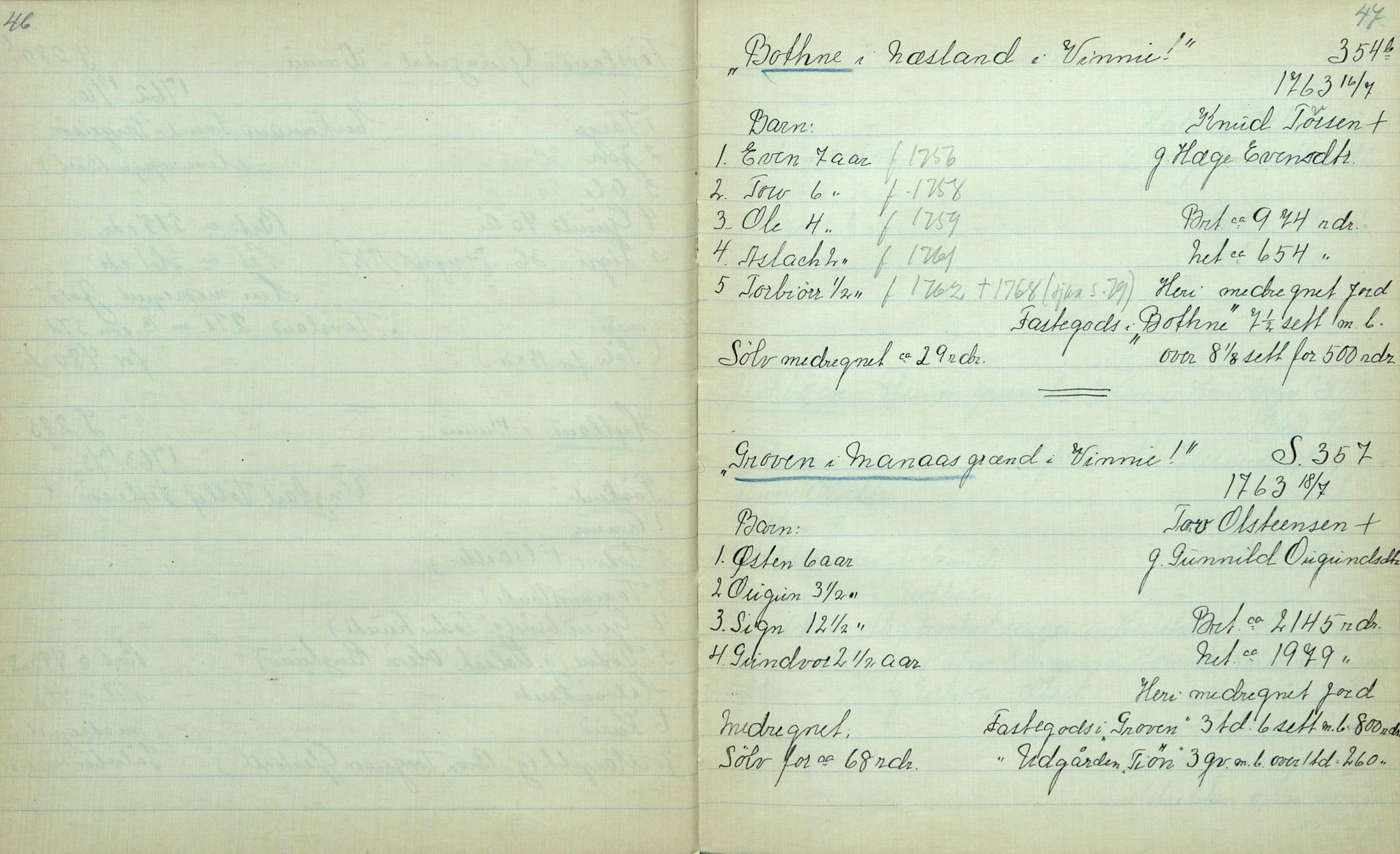Rikard Berge, TEMU/TGM-A-1003/F/L0012/0012: 400-450 / 411 Vinje 1753-73 Skifte. R. Berge, 1917, p. 46-47