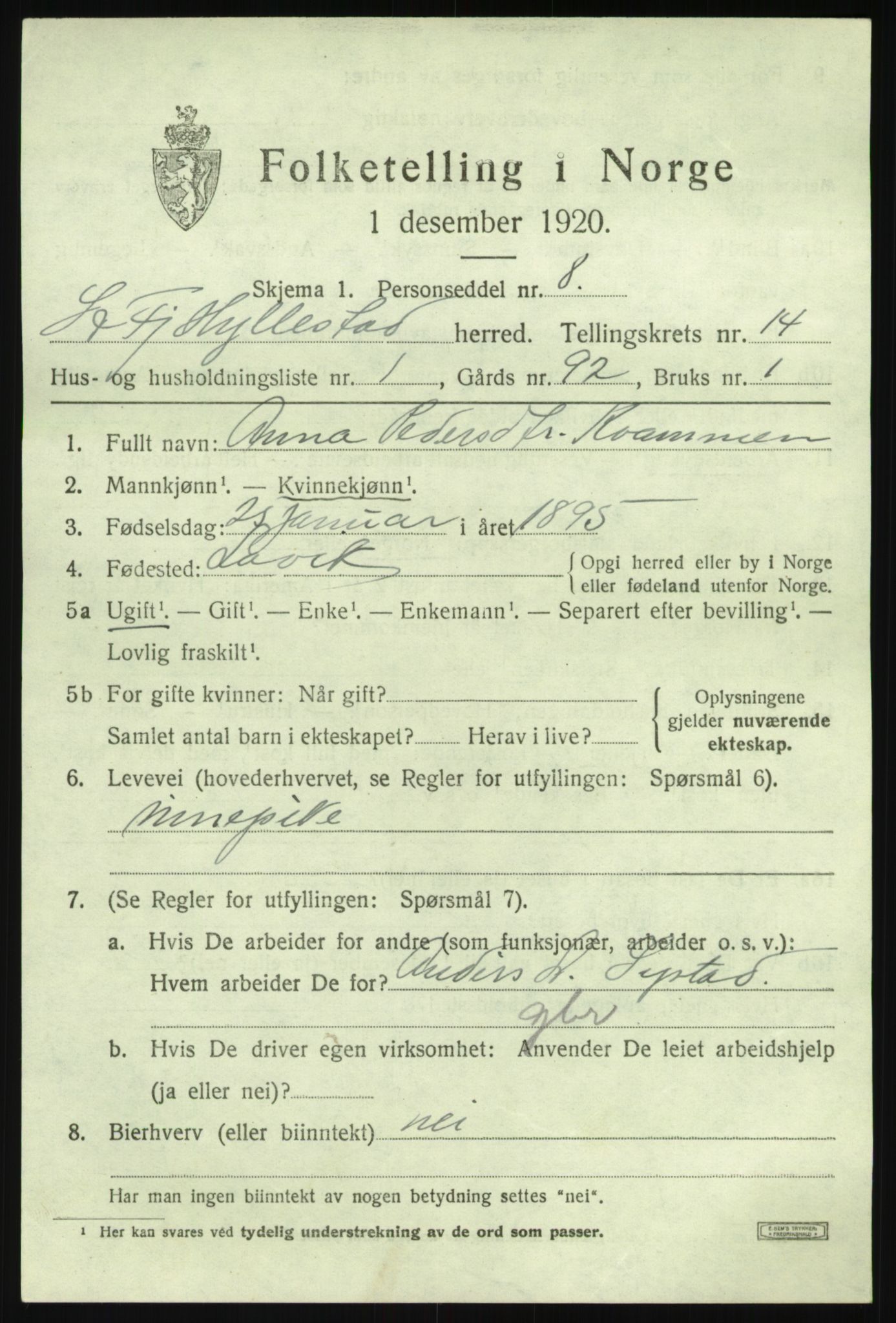 SAB, 1920 census for Hyllestad, 1920, p. 5108