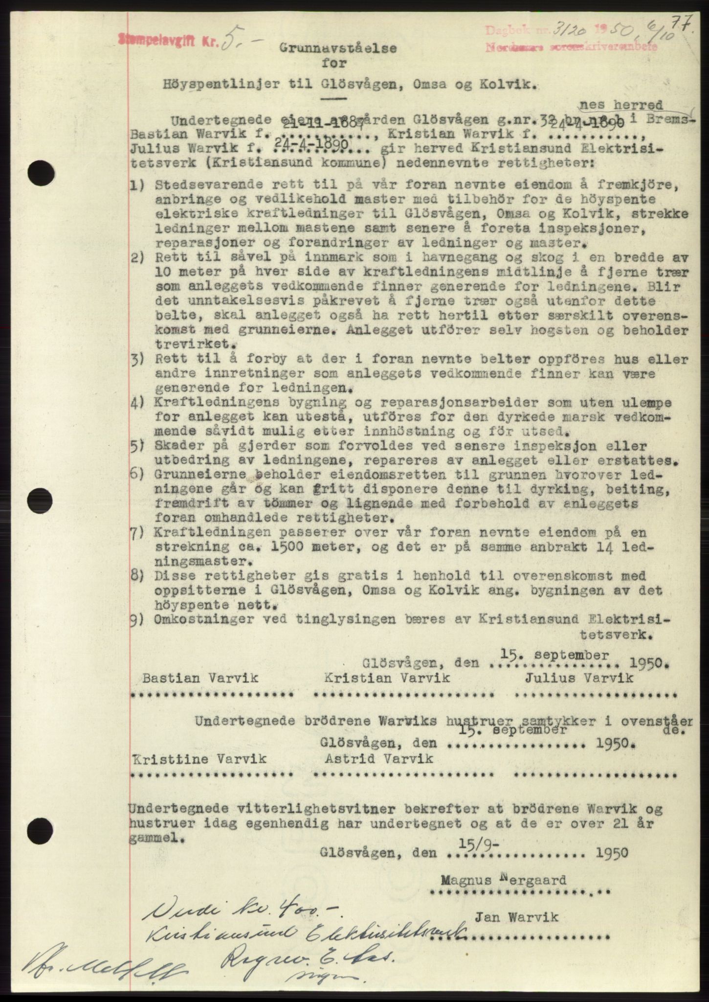 Nordmøre sorenskriveri, AV/SAT-A-4132/1/2/2Ca: Mortgage book no. B106, 1950-1950, Diary no: : 3120/1950