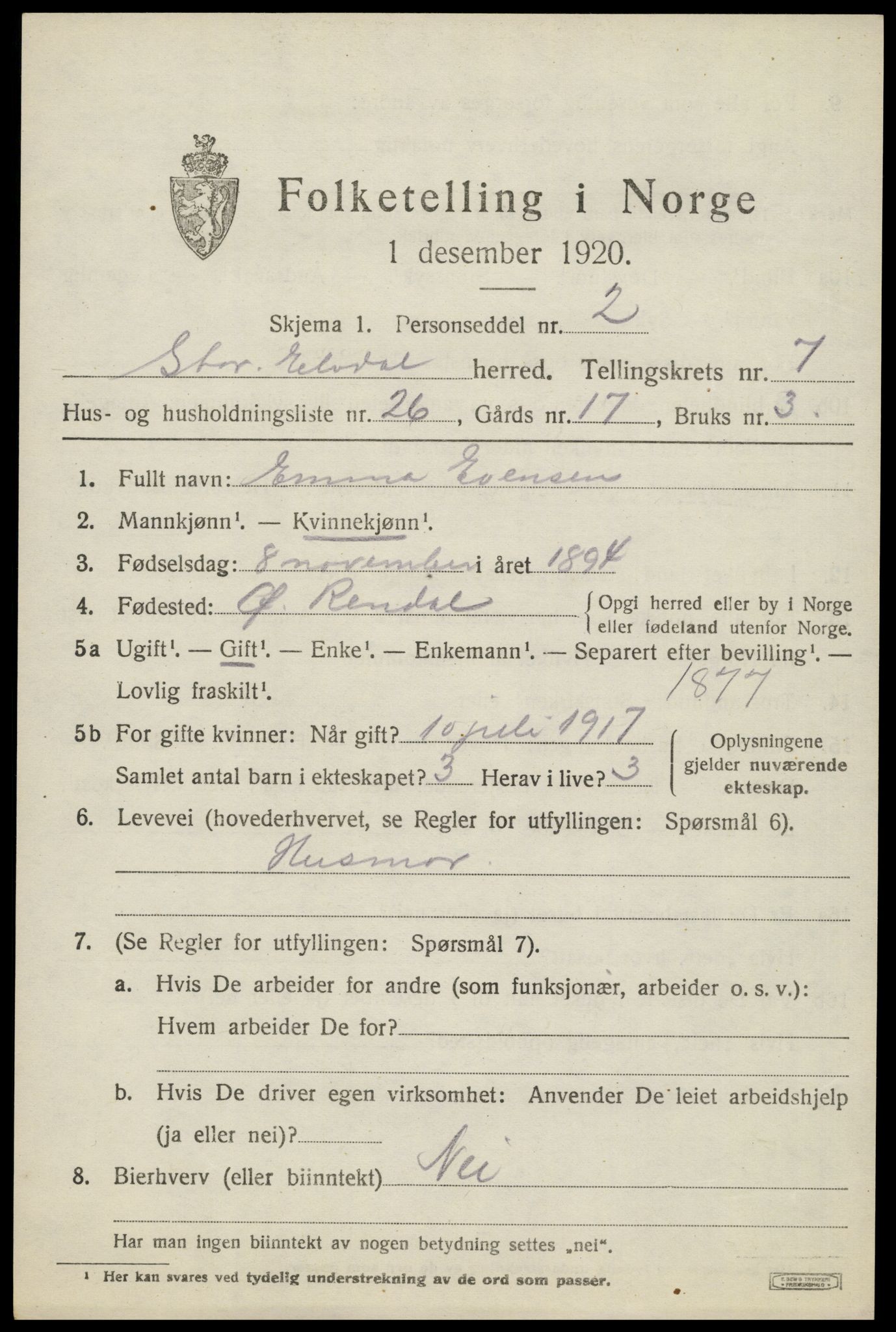 SAH, 1920 census for Stor-Elvdal, 1920, p. 6134