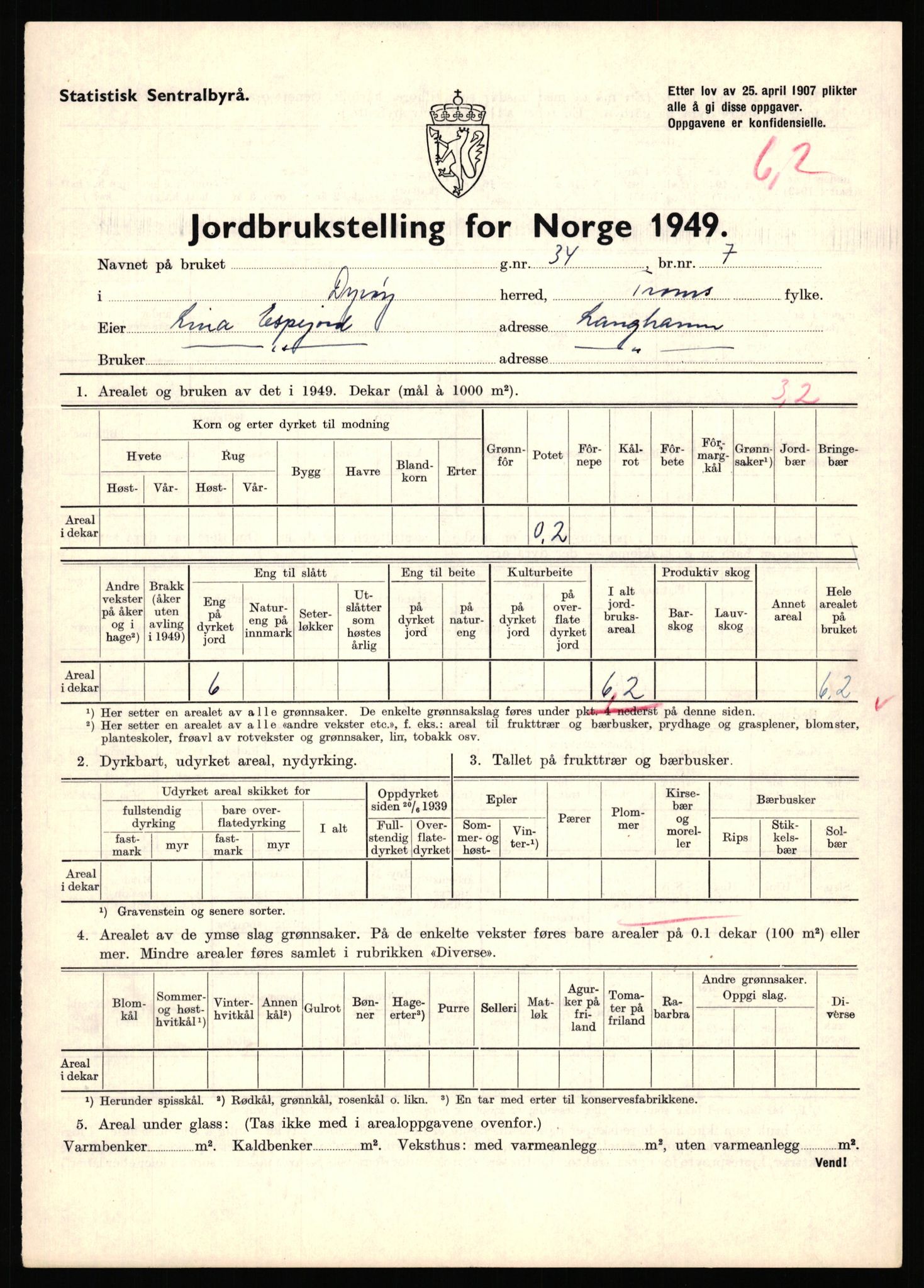 Statistisk sentralbyrå, Næringsøkonomiske emner, Jordbruk, skogbruk, jakt, fiske og fangst, AV/RA-S-2234/G/Gc/L0440: Troms: Sørreisa og Dyrøy, 1949, p. 970