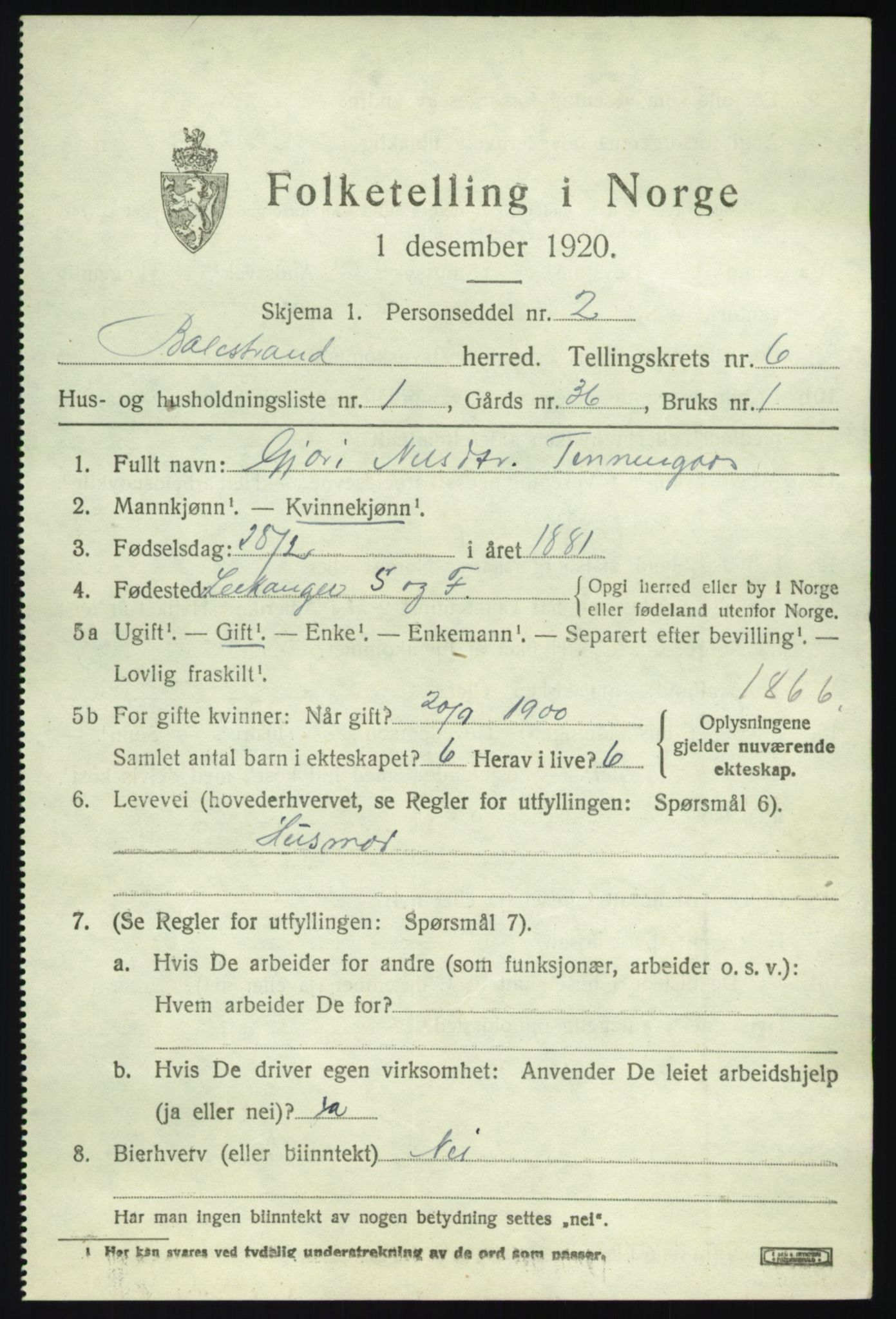 SAB, 1920 census for Balestrand, 1920, p. 2860