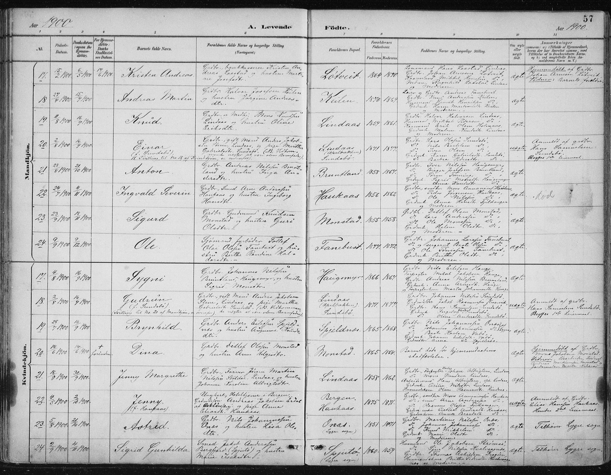 Lindås Sokneprestembete, SAB/A-76701/H/Hab: Parish register (copy) no. B 3, 1886-1914, p. 57