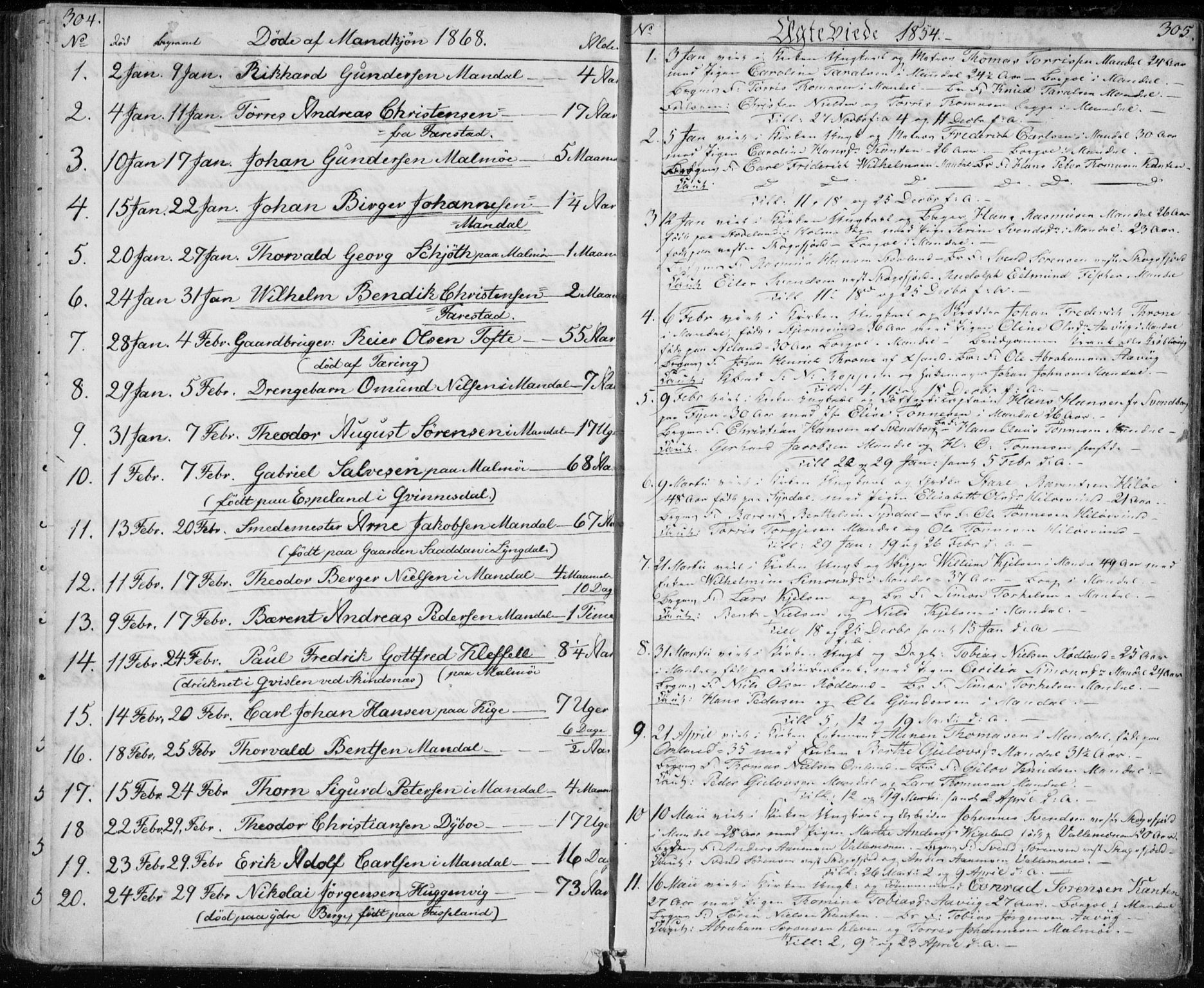 Mandal sokneprestkontor, AV/SAK-1111-0030/F/Fb/Fba/L0008: Parish register (copy) no. B 2, 1854-1868, p. 304-305