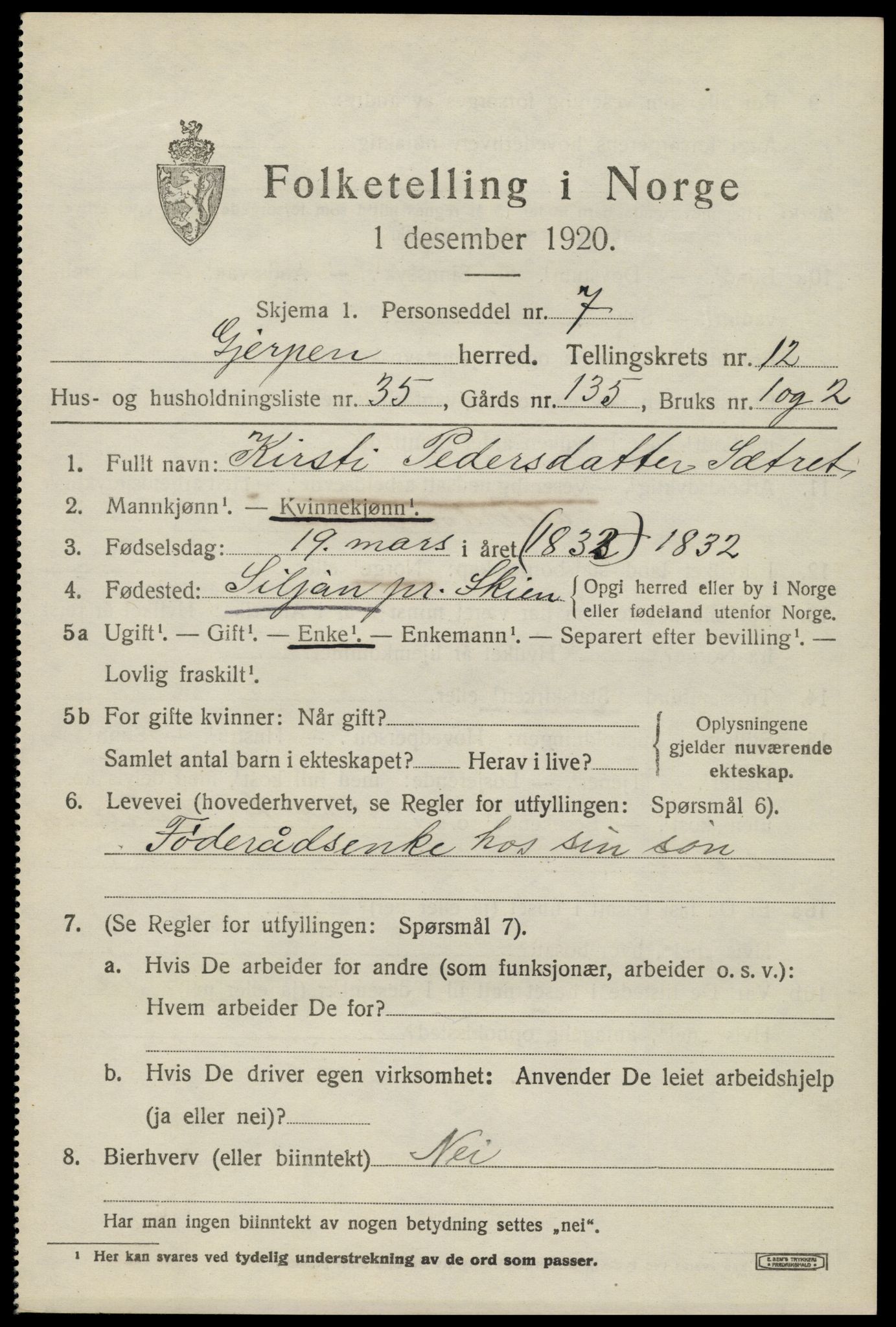 SAKO, 1920 census for Gjerpen, 1920, p. 13916