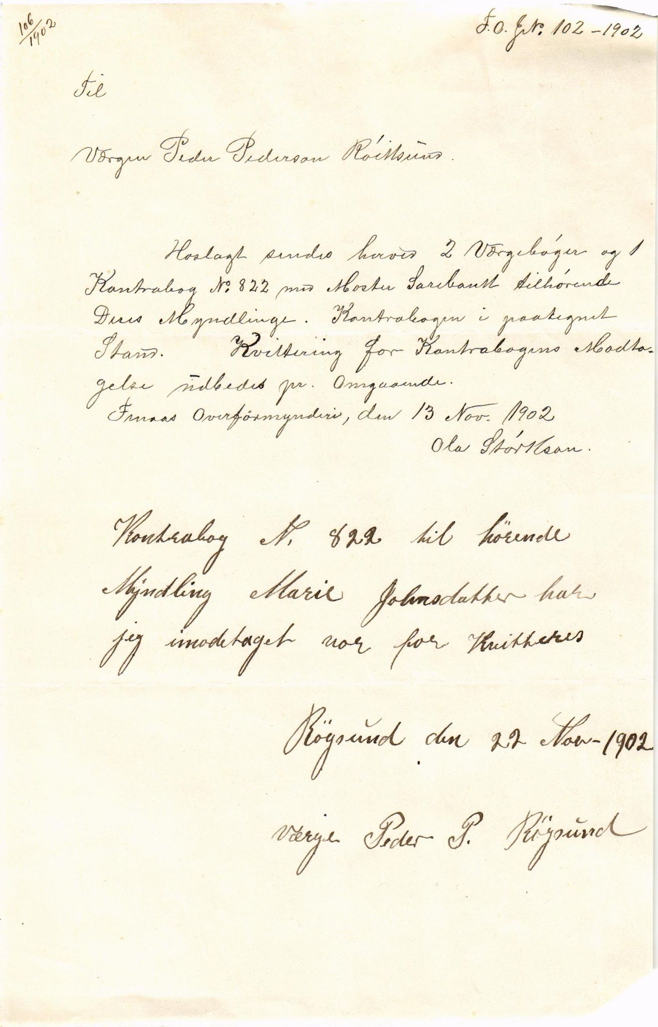 Finnaas kommune. Overformynderiet, IKAH/1218a-812/D/Da/Daa/L0002/0002: Kronologisk ordna korrespondanse / Kronologisk ordna korrespondanse, 1901-1904, p. 99