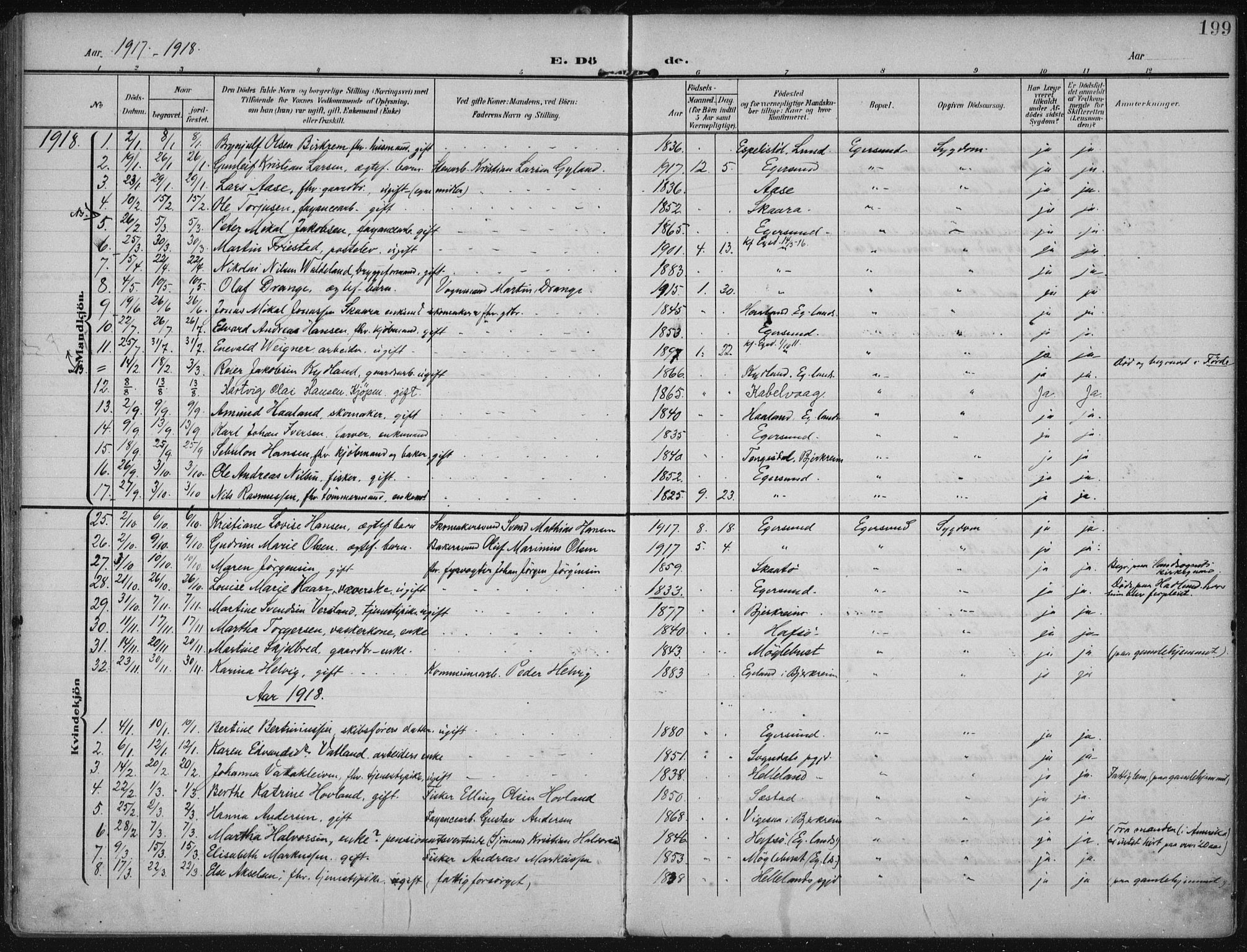 Eigersund sokneprestkontor, SAST/A-101807/S08/L0022: Parish register (official) no. A 21, 1905-1928, p. 199