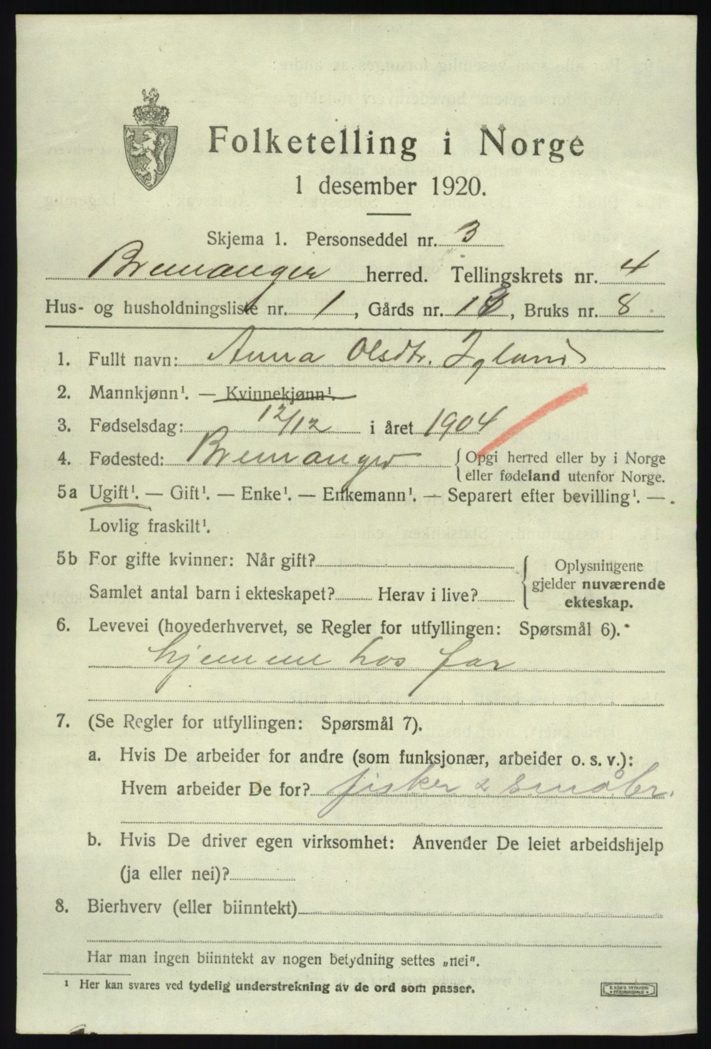 SAB, 1920 census for Bremanger, 1920, p. 2762