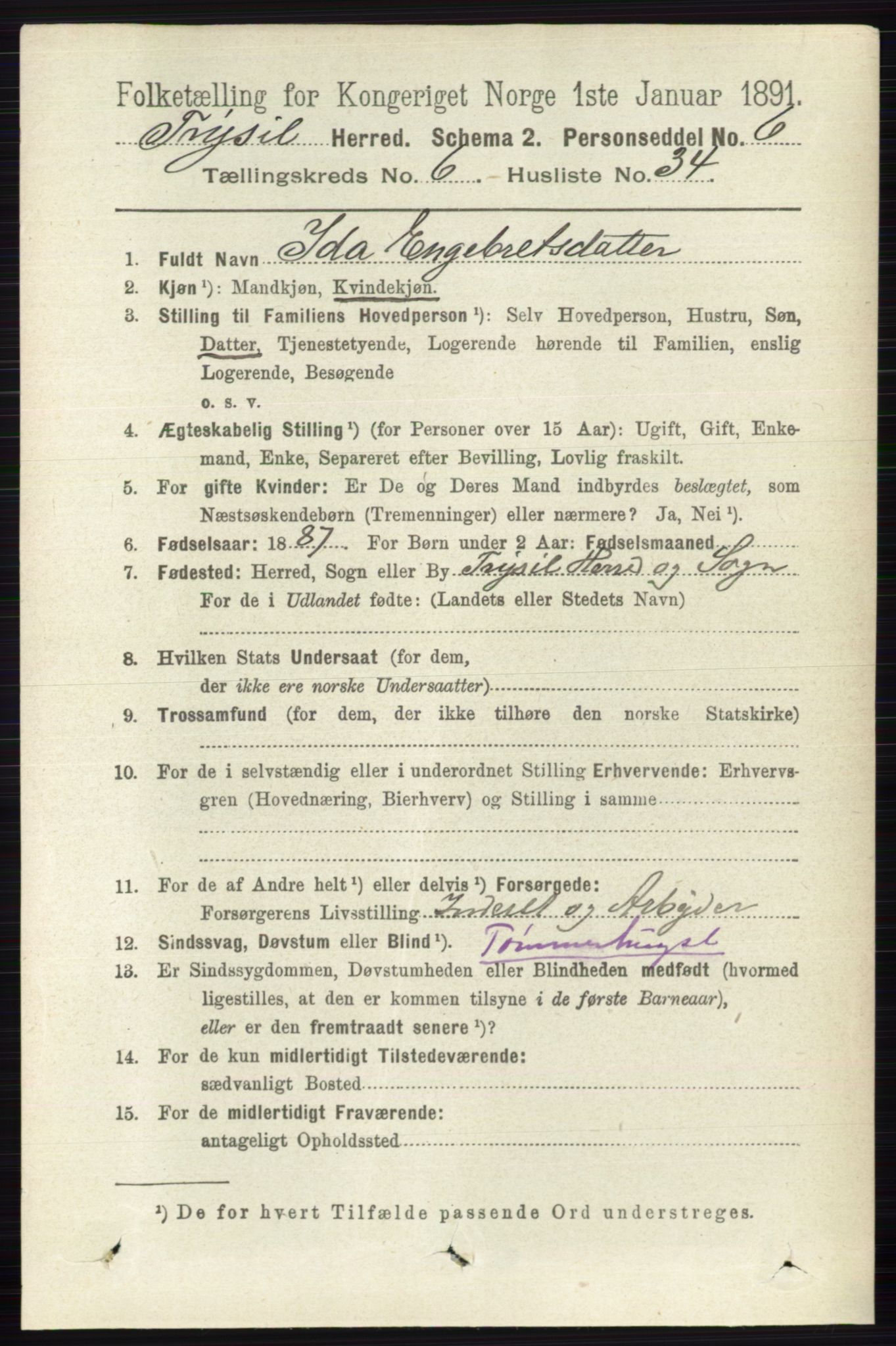 RA, 1891 census for 0428 Trysil, 1891, p. 3069