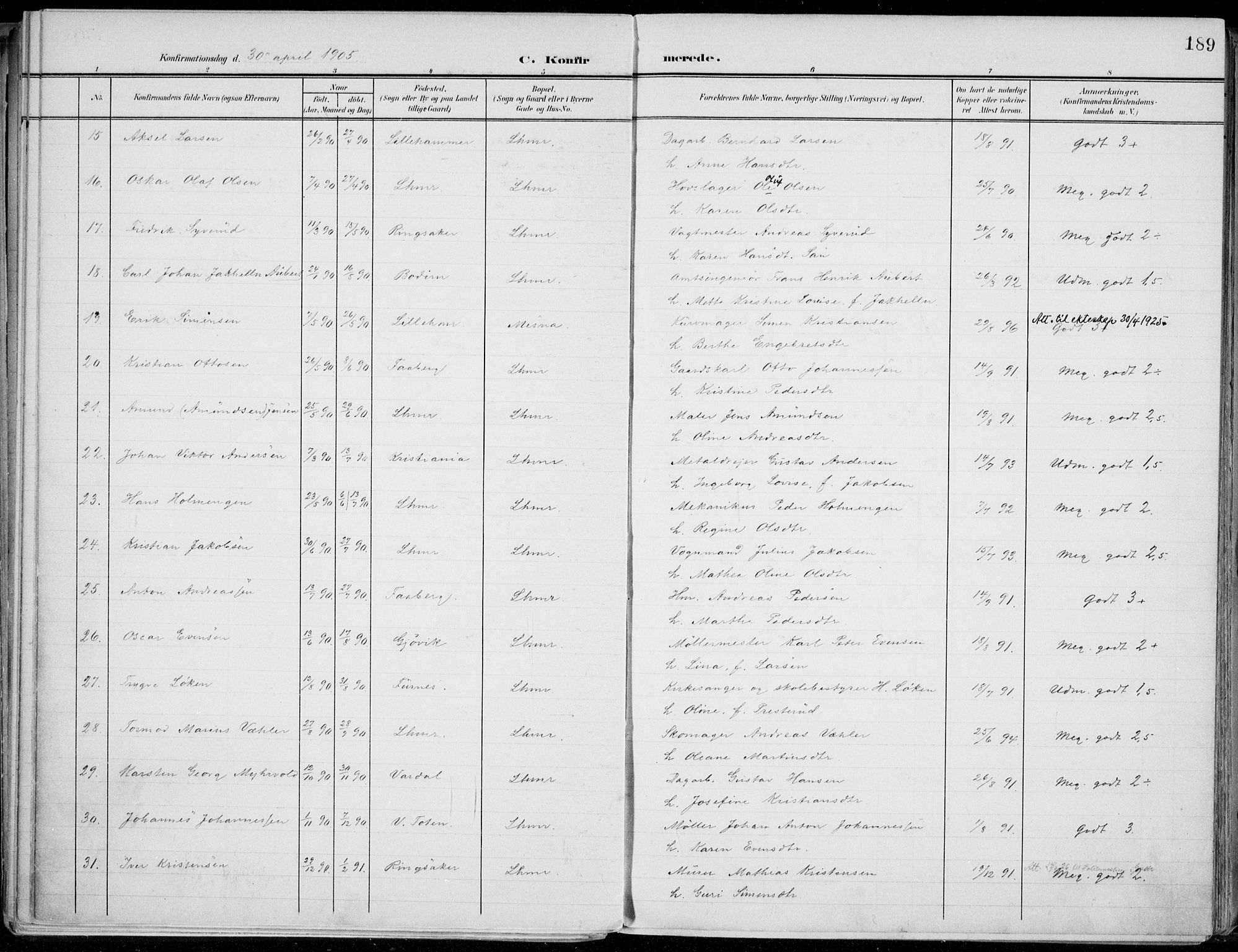 Lillehammer prestekontor, SAH/PREST-088/H/Ha/Haa/L0001: Parish register (official) no. 1, 1901-1916, p. 189
