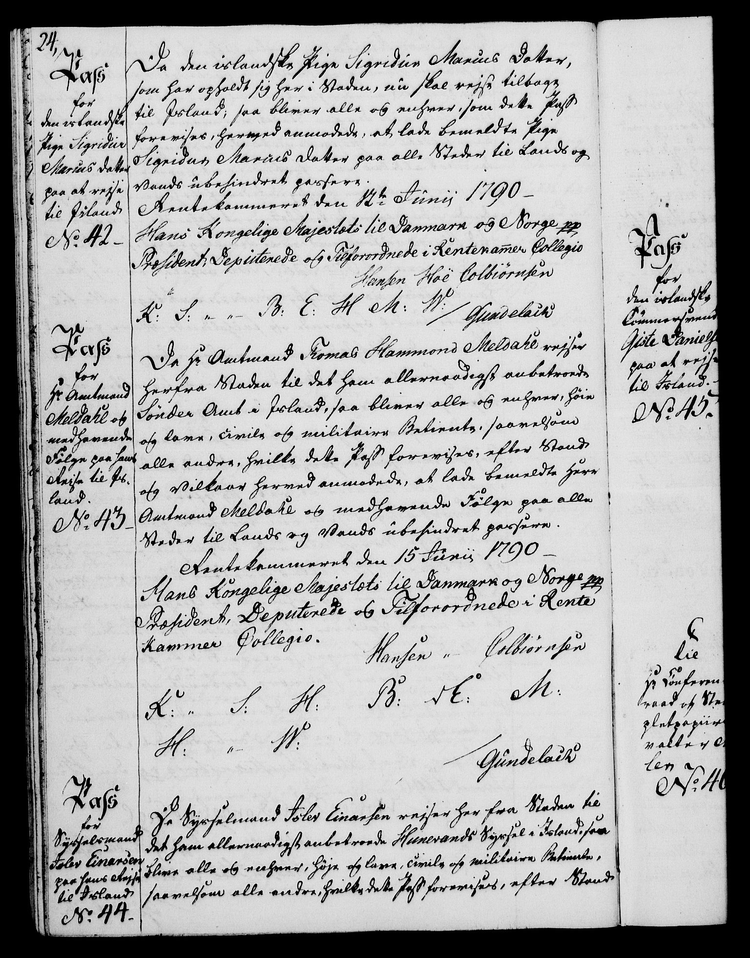 Rentekammeret, Kammerkanselliet, RA/EA-3111/G/Gg/Gga/L0015: Norsk ekspedisjonsprotokoll med register (merket RK 53.15), 1790-1791, p. 24